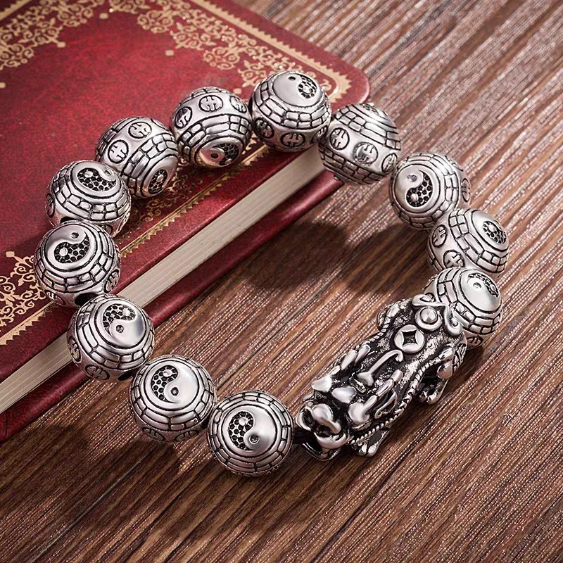 Antique silver-plated Thai-style Taoist Bagua Pixiu bracelet