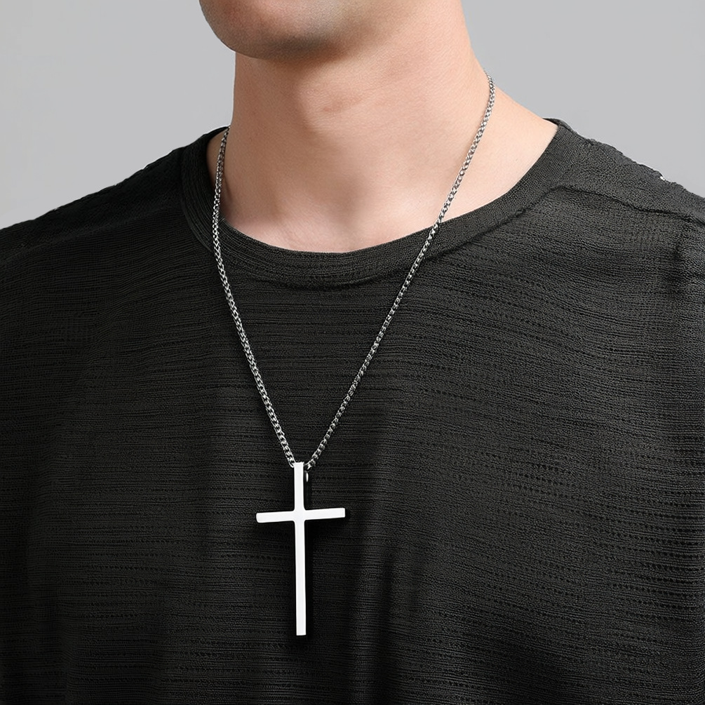 Ins Genderless Simple Titanium Steel Cross Necklace Glossy Niche Personality Men And Women Wear Sweater Chain Pendant
