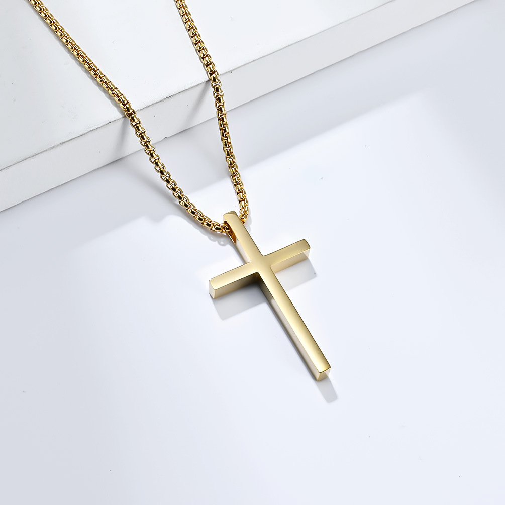 Ins Genderless Simple Titanium Steel Cross Necklace Glossy Niche Personality Men And Women Wear Sweater Chain Pendant