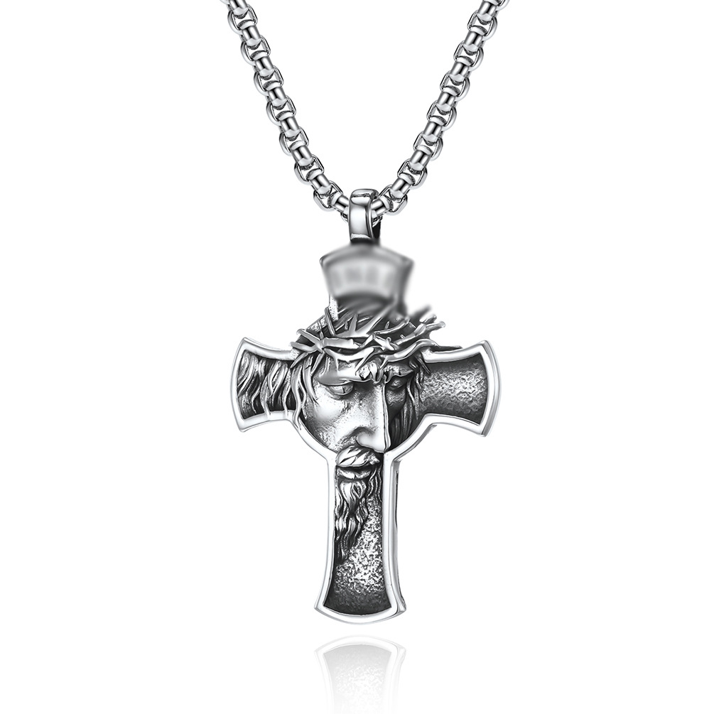 Cross-Border European And American Literary And Artistic Retro Portrait Cross Necklace Men'S Personalized Titanium Steel Non-Fading Jewelry Dongguan Manufacturer