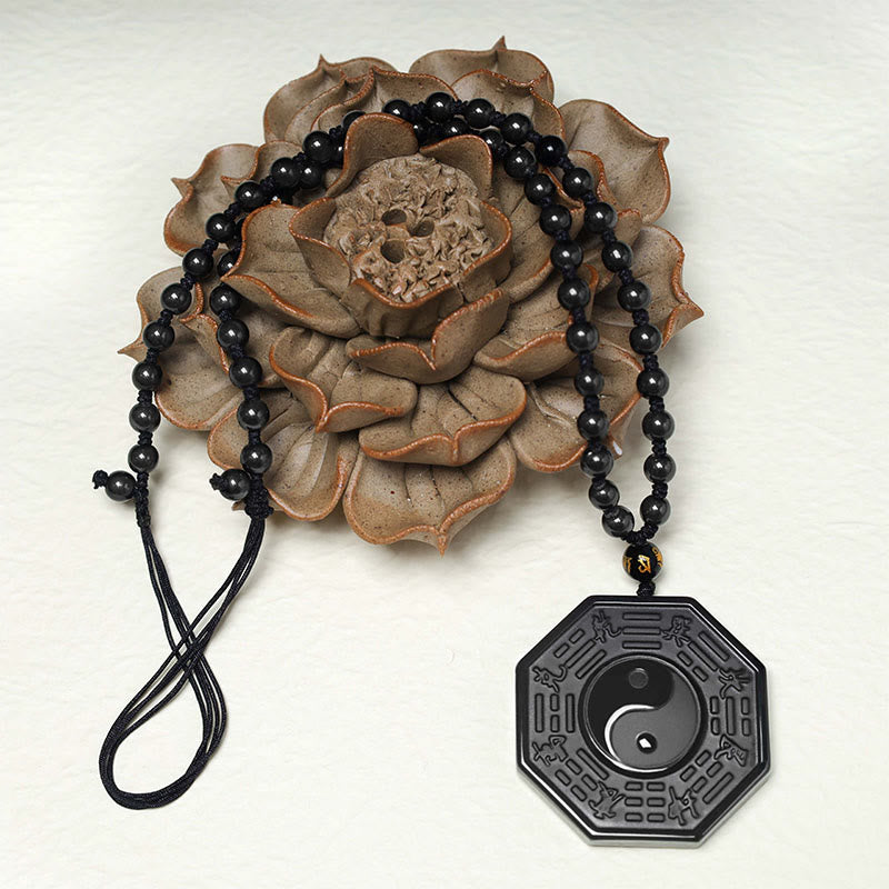 Buddha Stones Black Obsidian Stone Yin Yang Pendant Necklace(duty free)