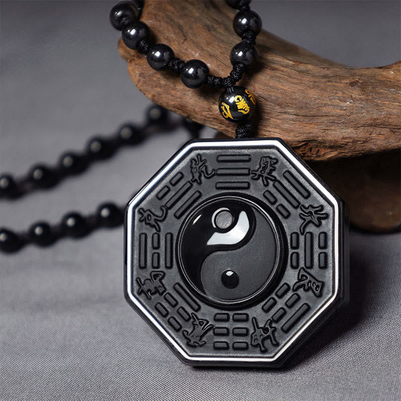 Buddha Stones Black Obsidian Stone Yin Yang Pendant Necklace(duty free)
