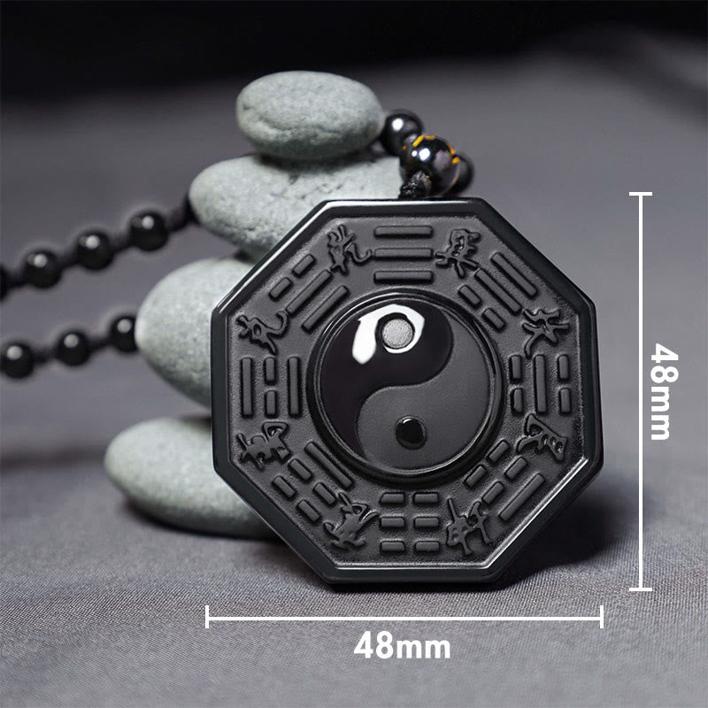 Buddha Stones Black Obsidian Stone Yin Yang Pendant Necklace(duty free)