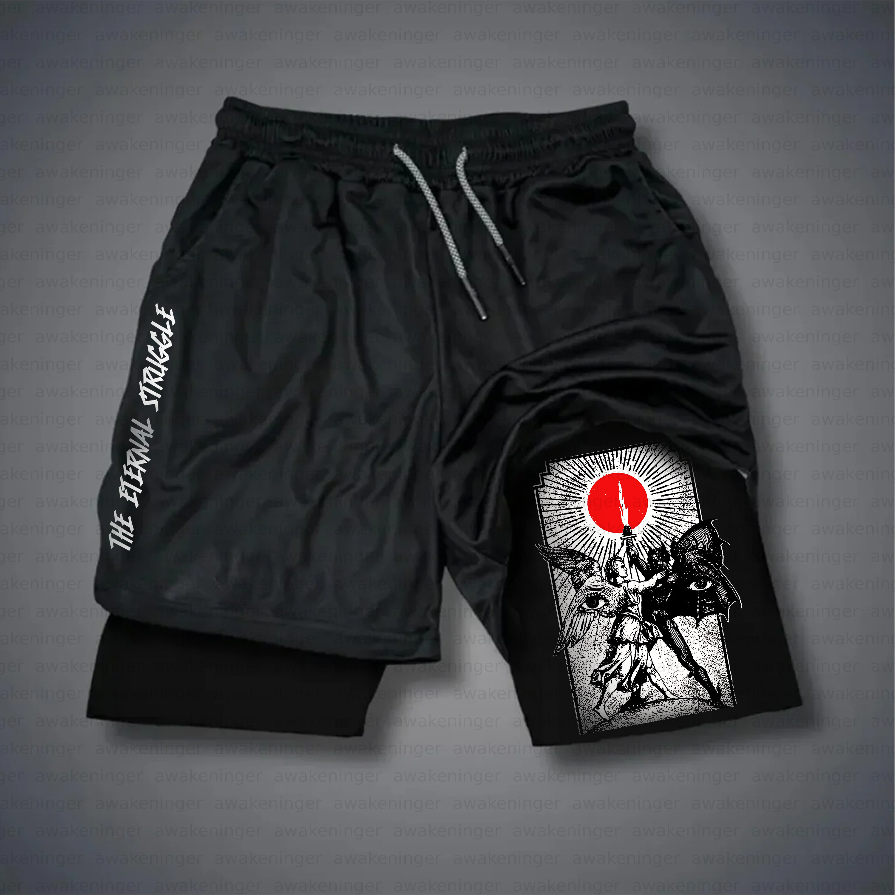 Unisex streetwear ”Angels and Demons“ patterned retro Shorts