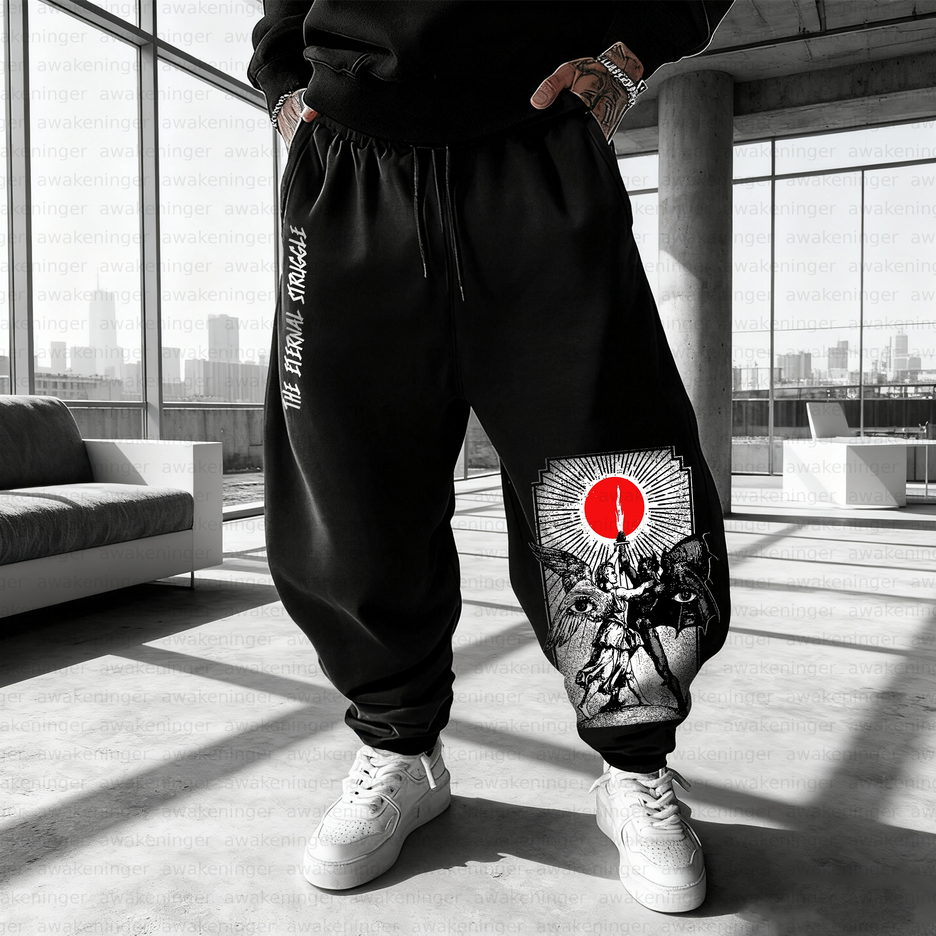 Unisex streetwear “Angels and Demons” stamp patterned retro Pant