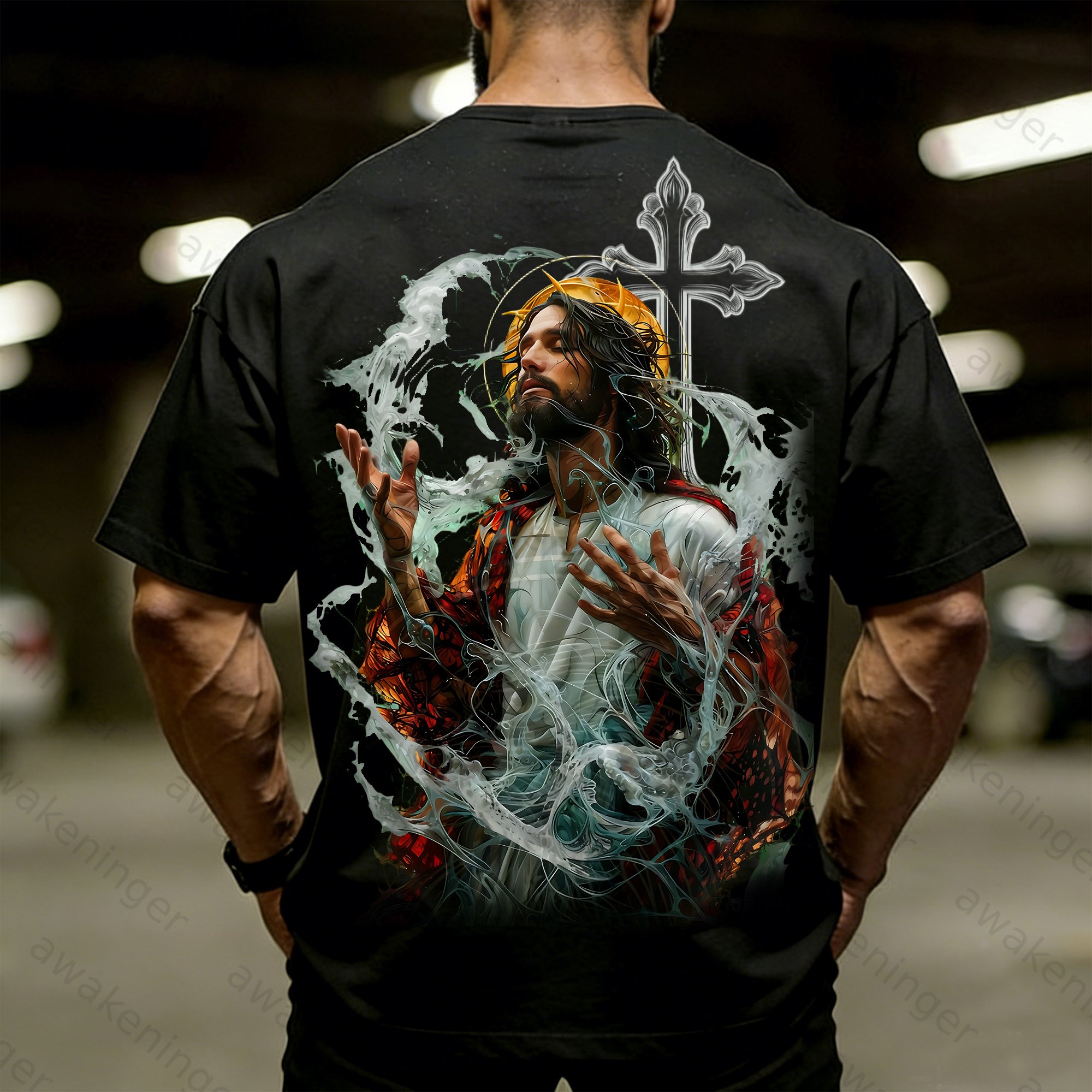 Men's Christian Jesus Prayer Cross Print T-shirt