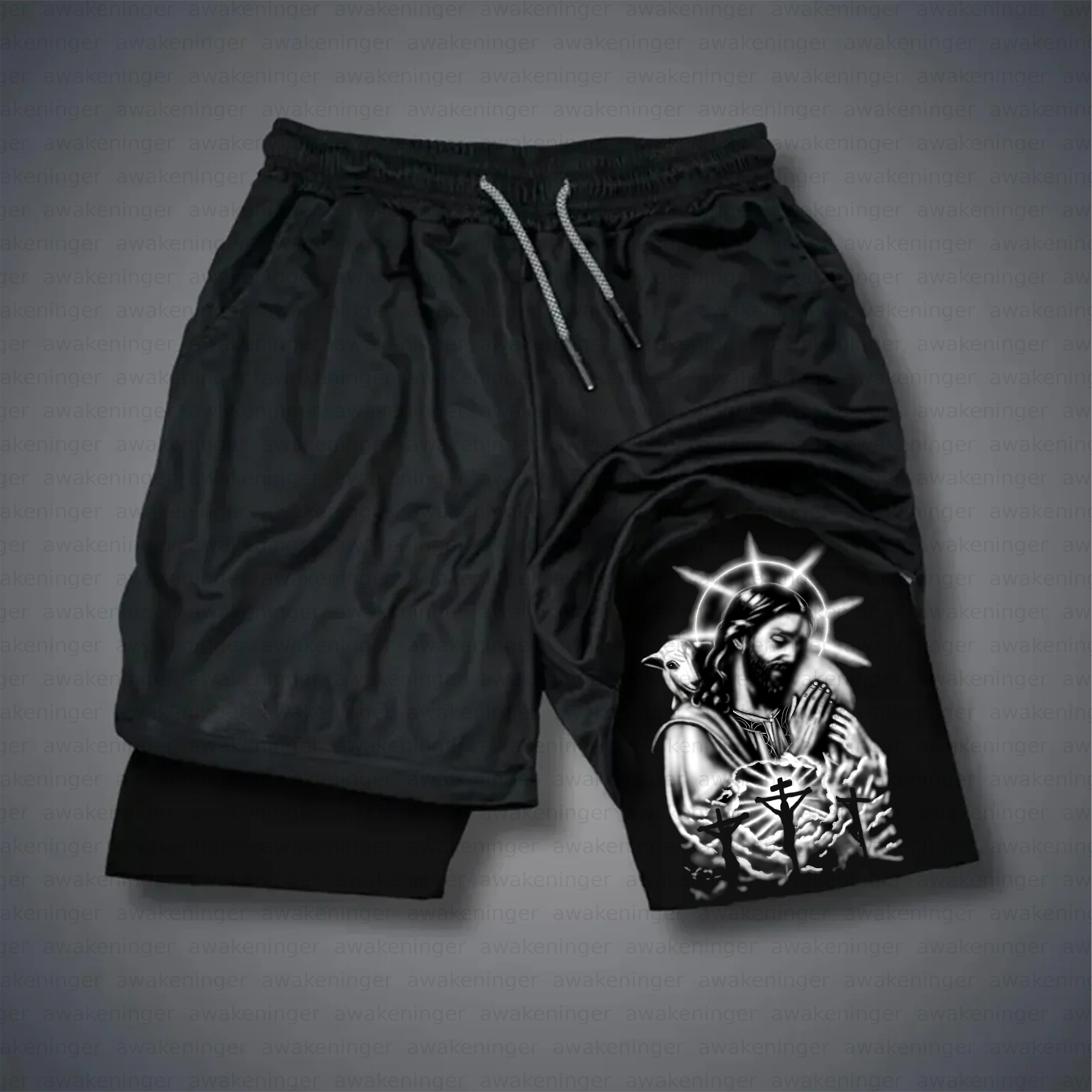 Unisex streetwear “Jesus” stamp patterned retro Shorts