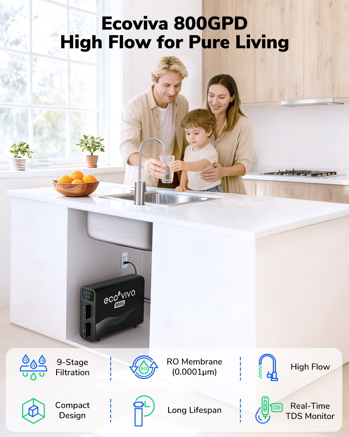Ecoviva E8 800 GPD Tankless RO System | Smart Under Sink Water Filter