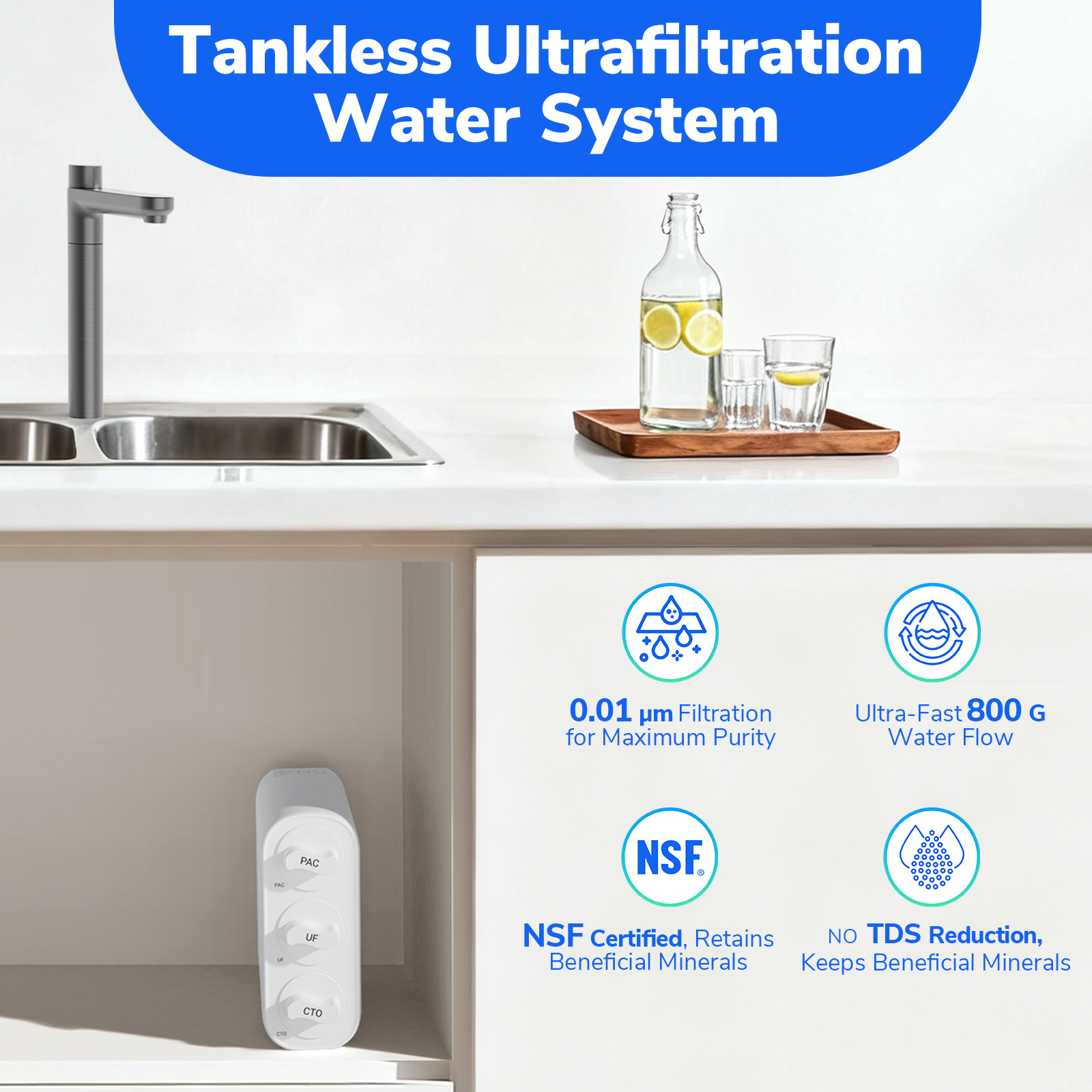 Ecoviva EU800 0.01μm Under Sink Ultra-Filtration Water Filter No Electricity, Zero Wastewater, Mineral Retention, 4-Stage Tankless，White