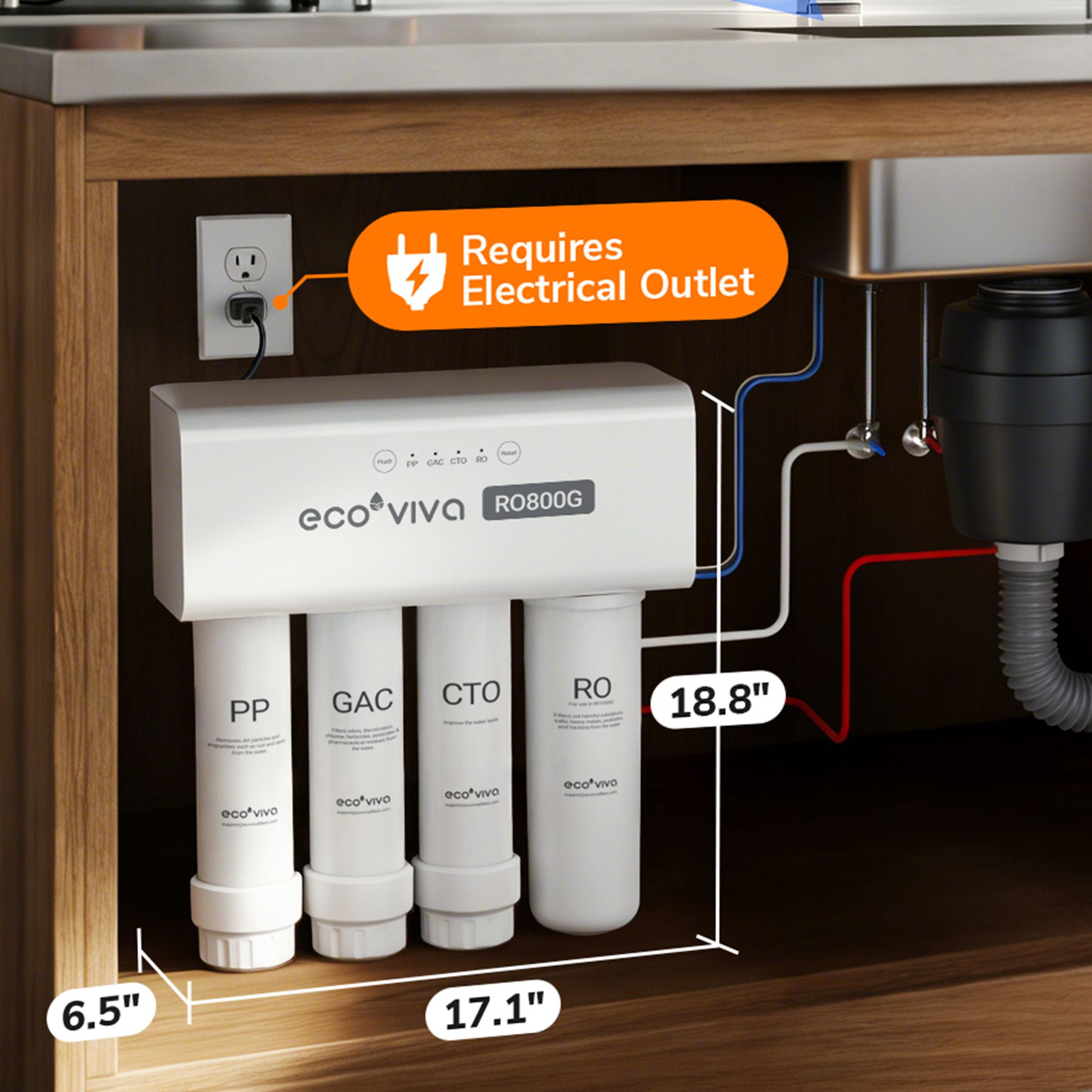 {"default":"Ecoviva Under-sink RO800G water purifier requiring electrical outlet."}
