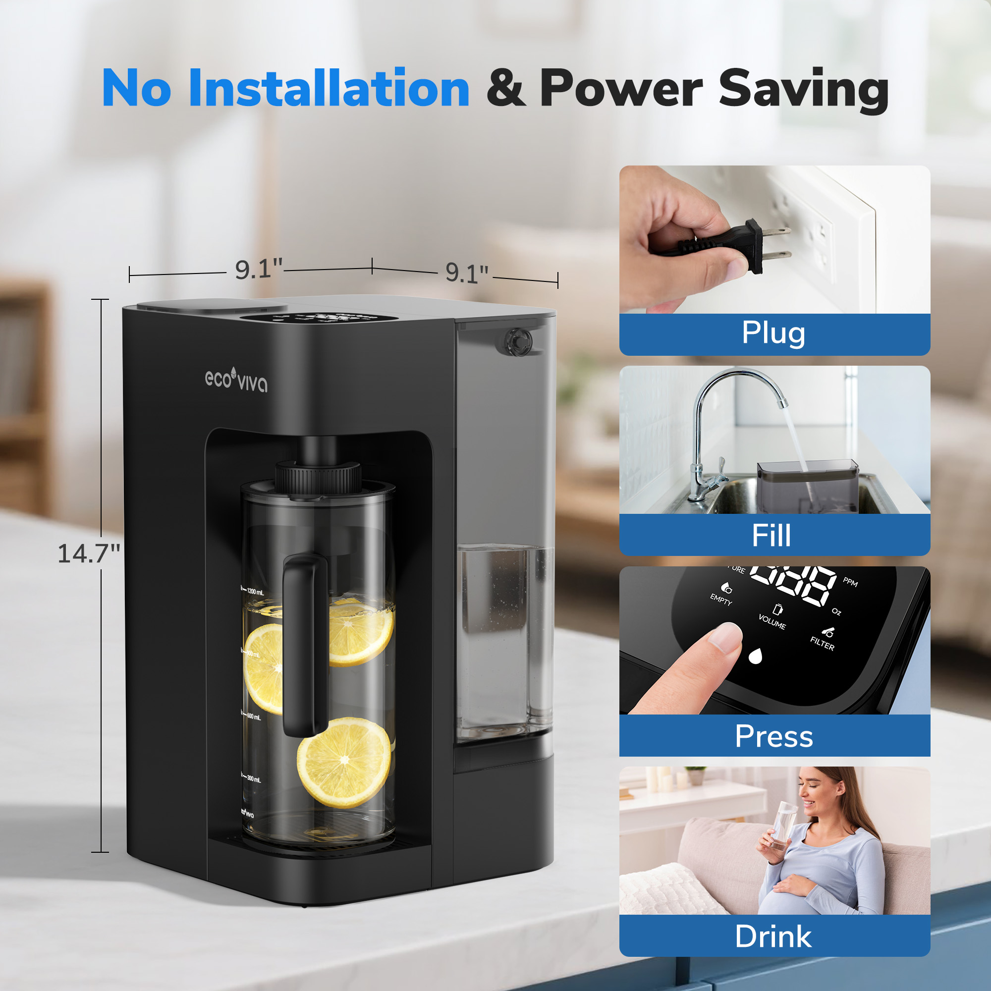 Ecoviva 5L WM3 Countertop RO Water Purifier, No-Installation Reverse Osmosis System with 7-Stage Filtration and 3:1 Ratio, Includes Alkaline Pitcher, Black