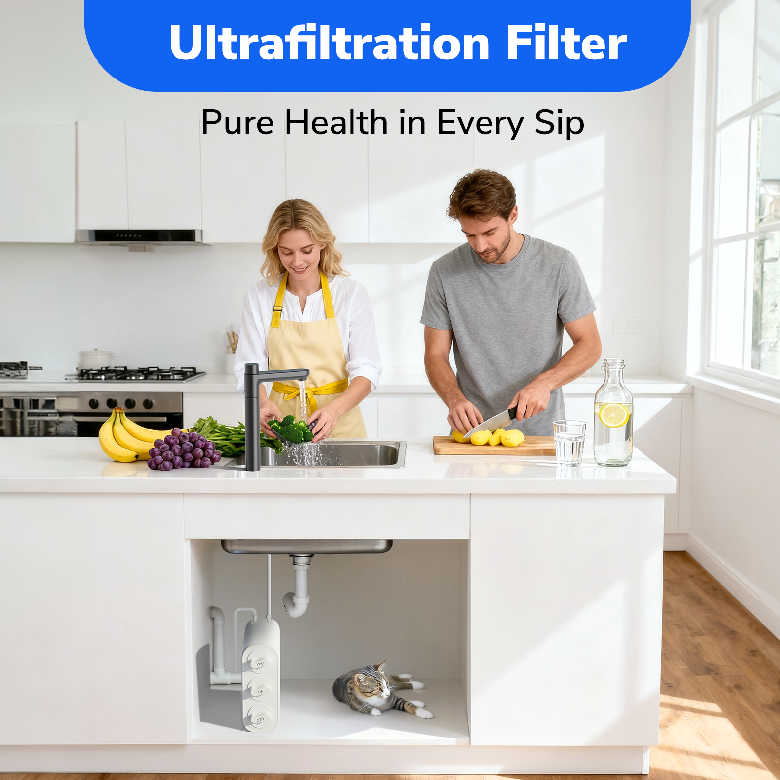 Ecoviva EU800 0.01μm Under Sink Ultra-Filtration Water Filter No Electricity, Zero Wastewater, Mineral Retention, 4-Stage Tankless，White