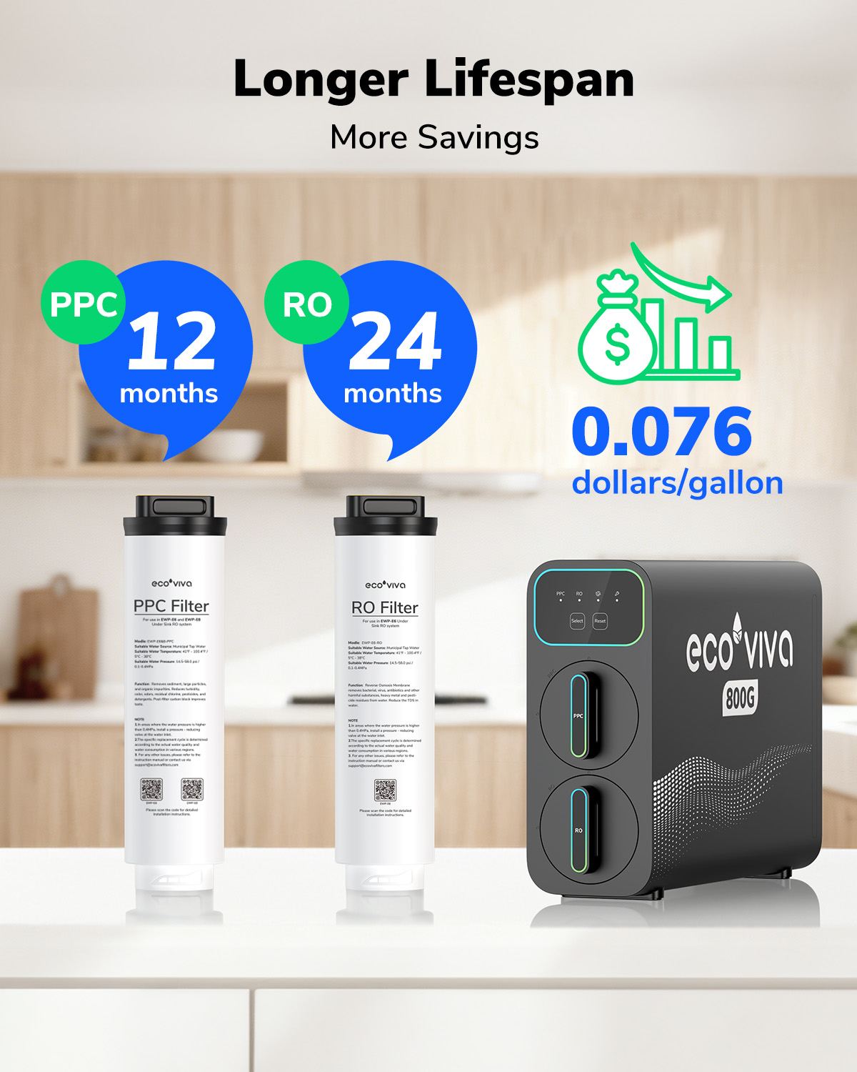 Ecoviva E8 800 GPD Tankless RO System | Smart Under Sink Water Filter