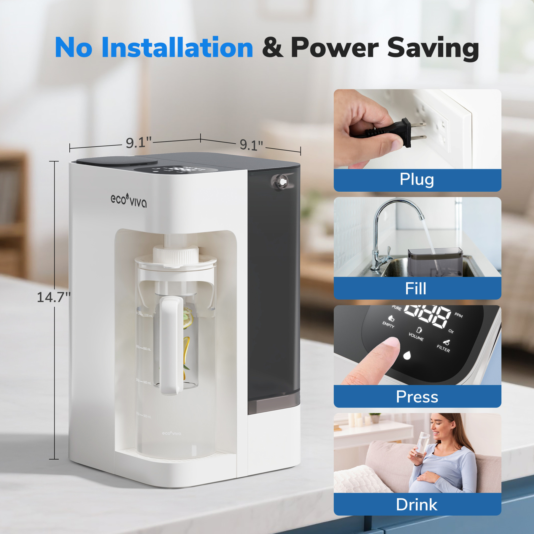 Ecoviva 5L WM3 Countertop RO Water Purifier, No-Installation Reverse Osmosis System with 7-Stage Filtration and 3:1 Ratio, Includes Alkaline Pitcher, White