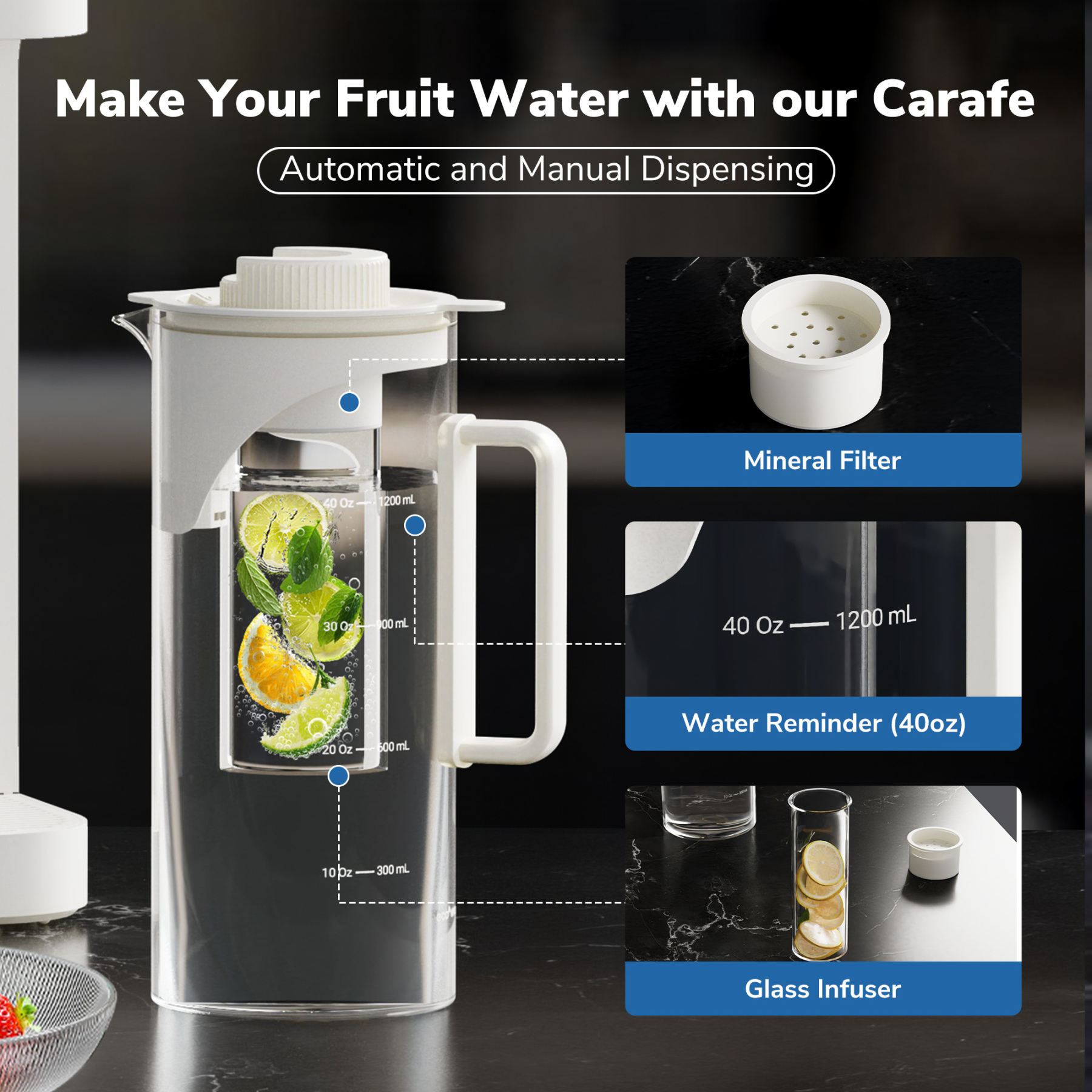 Ecoviva 5L WM3 Countertop RO Water Purifier, No-Installation Reverse Osmosis System with 7-Stage Filtration and 3:1 Ratio, Includes Alkaline Pitcher, White