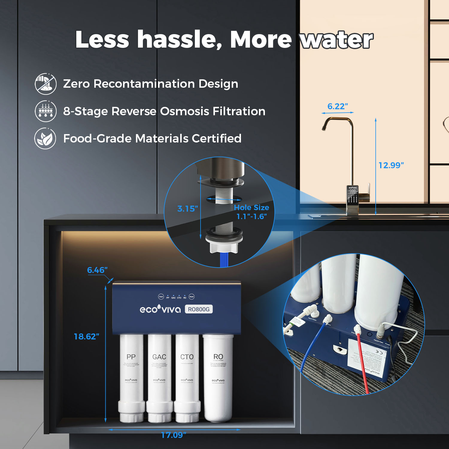 Reverse Osmosis RO Water Filter Filtration Under Sink System 800G EU