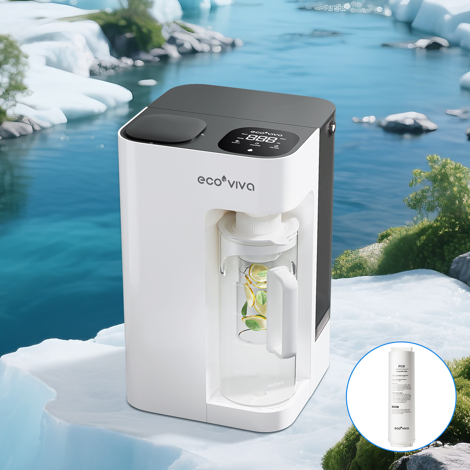 Ecoviva 5L WM3 Countertop RO Water Purifier, No-Installation Reverse Osmosis System with 7-Stage Filtration and 3:1 Ratio, Includes Alkaline Pitcher, White