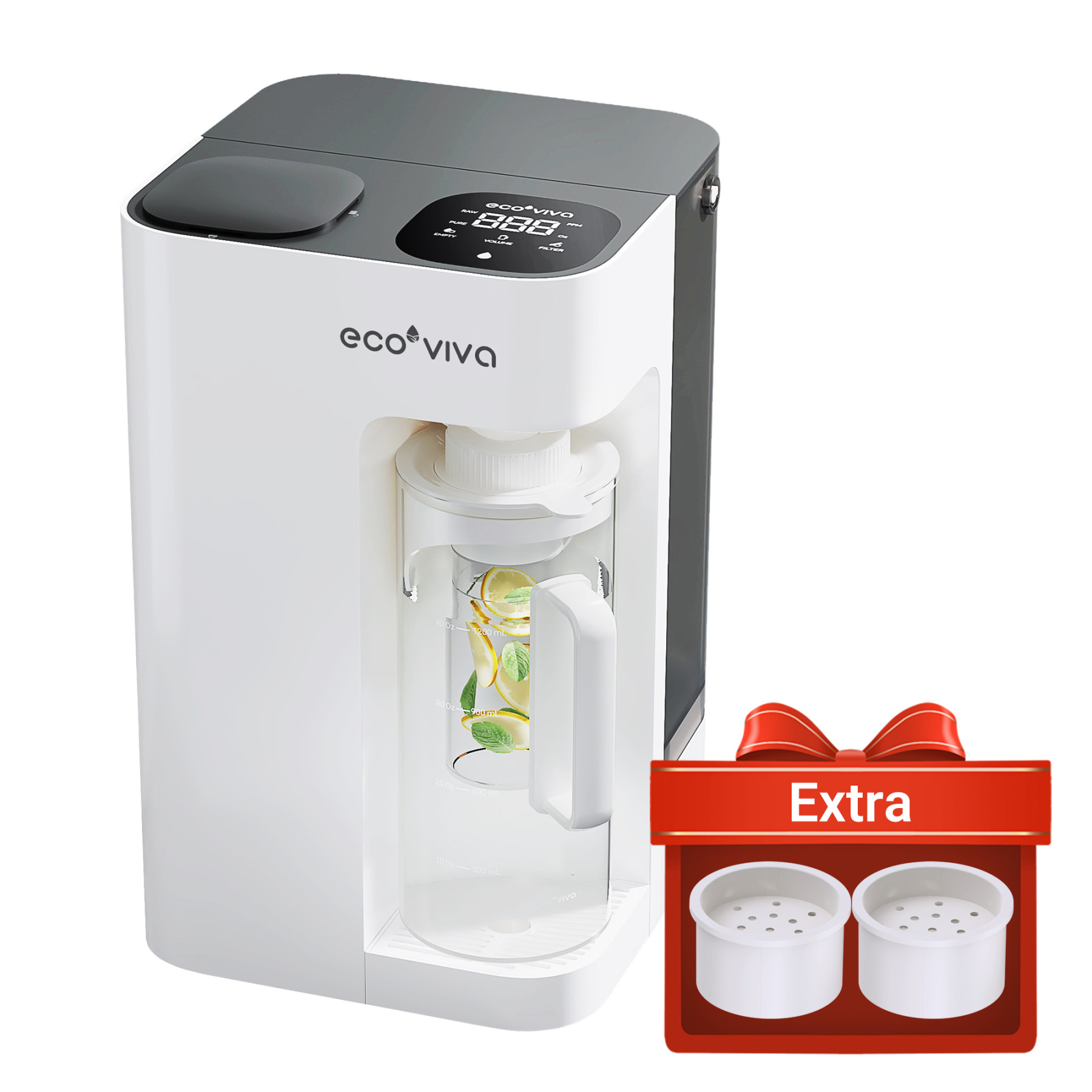 Ecoviva 5L WM3 Countertop RO Water Purifier with Mineral Filter Media, No-Installation Reverse Osmosis System with 7-Stage Filtration and 3:1 Ratio, Includes Alkaline Pitcher, White