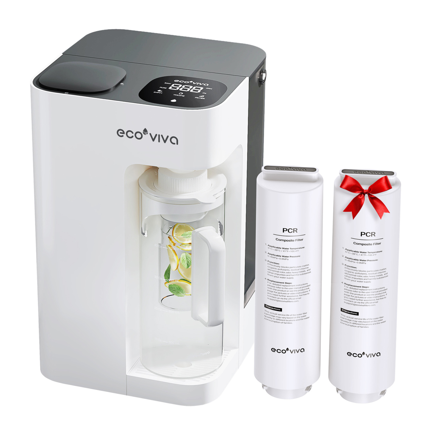 Ecoviva 5L WM3 Countertop RO Water Purifier, No-Installation Reverse Osmosis System with 7-Stage Filtration and 3:1 Ratio, Includes Alkaline Pitcher, White