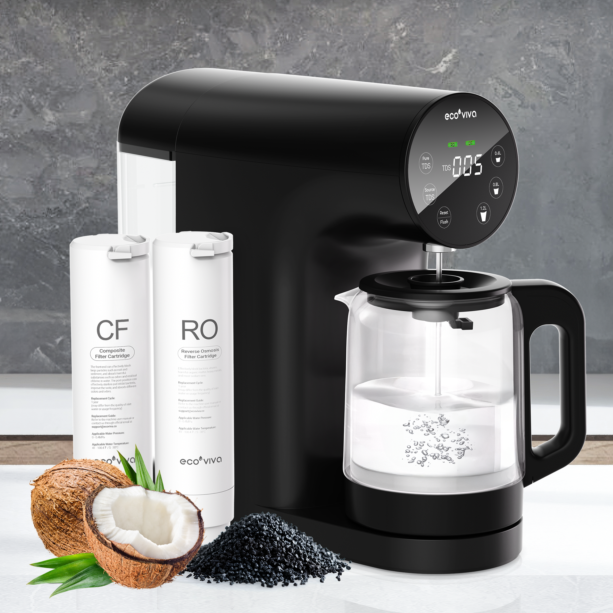 Ecoviva ER200 Countertop Reverse Osmosis Water Filter, No Installation，Real-Time TDS Monitor, BPA-Free Glass Carafe, 3:1 Pure to Drain, NSF/ANSI 58 Certified, Black