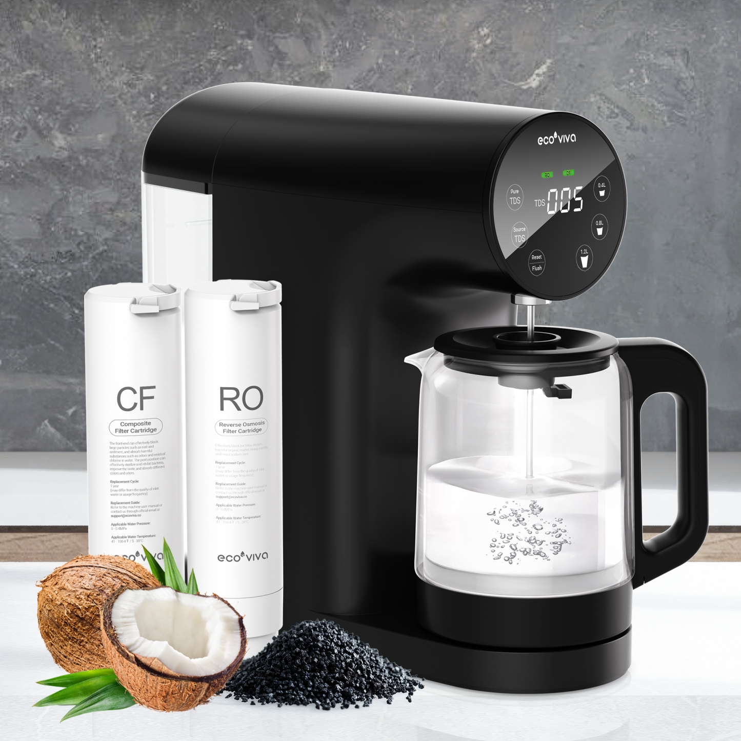 Ecoviva ER200 Countertop Reverse Osmosis Water Filter, No Installation，Real-Time TDS Monitor, BPA-Free Glass Carafe, 3:1 Pure to Drain, NSF/ANSI 58 Certified, Black