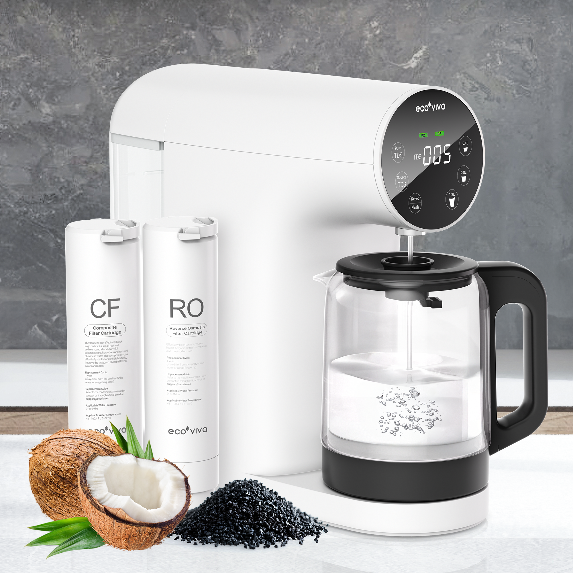 Ecoviva ER200 Countertop Reverse Osmosis Water Filter, No Installation，Real-Time TDS Monitor, BPA-Free Glass Carafe, 3:1 Pure to Drain, NSF/ANSI 58 Certified, White