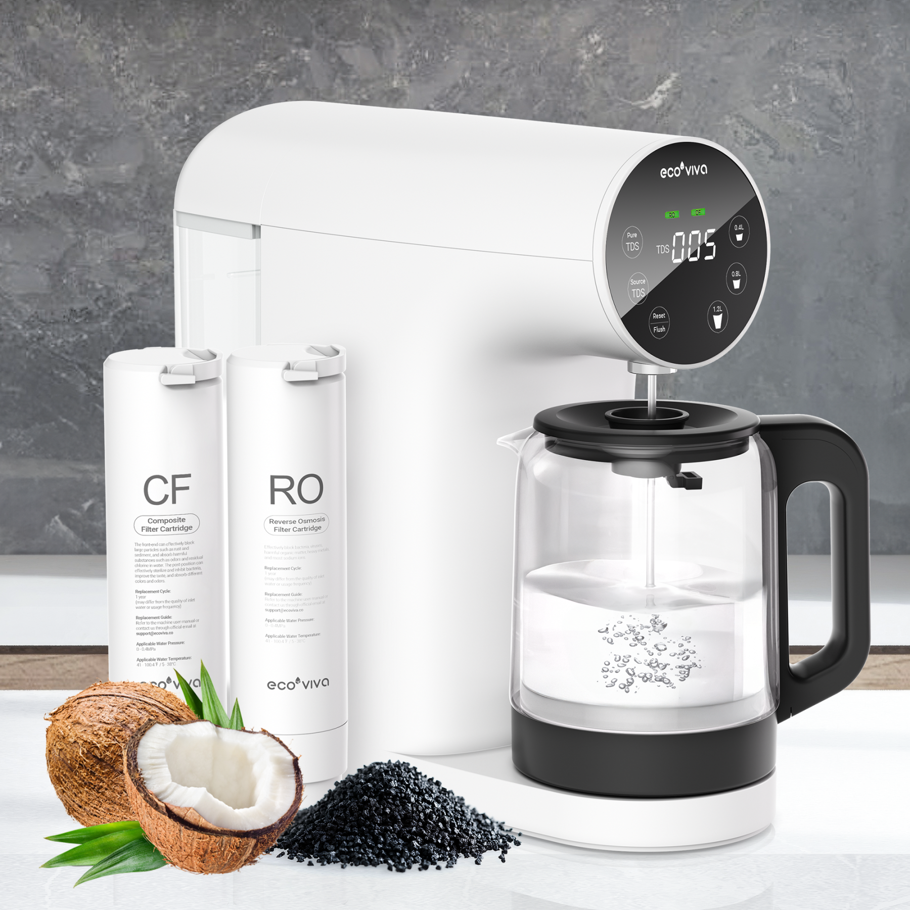 Ecoviva ER200 Countertop Reverse Osmosis Water Filter, No Installation，Real-Time TDS Monitor, BPA-Free Glass Carafe, 3:1 Pure to Drain, NSF/ANSI 58 Certified, White