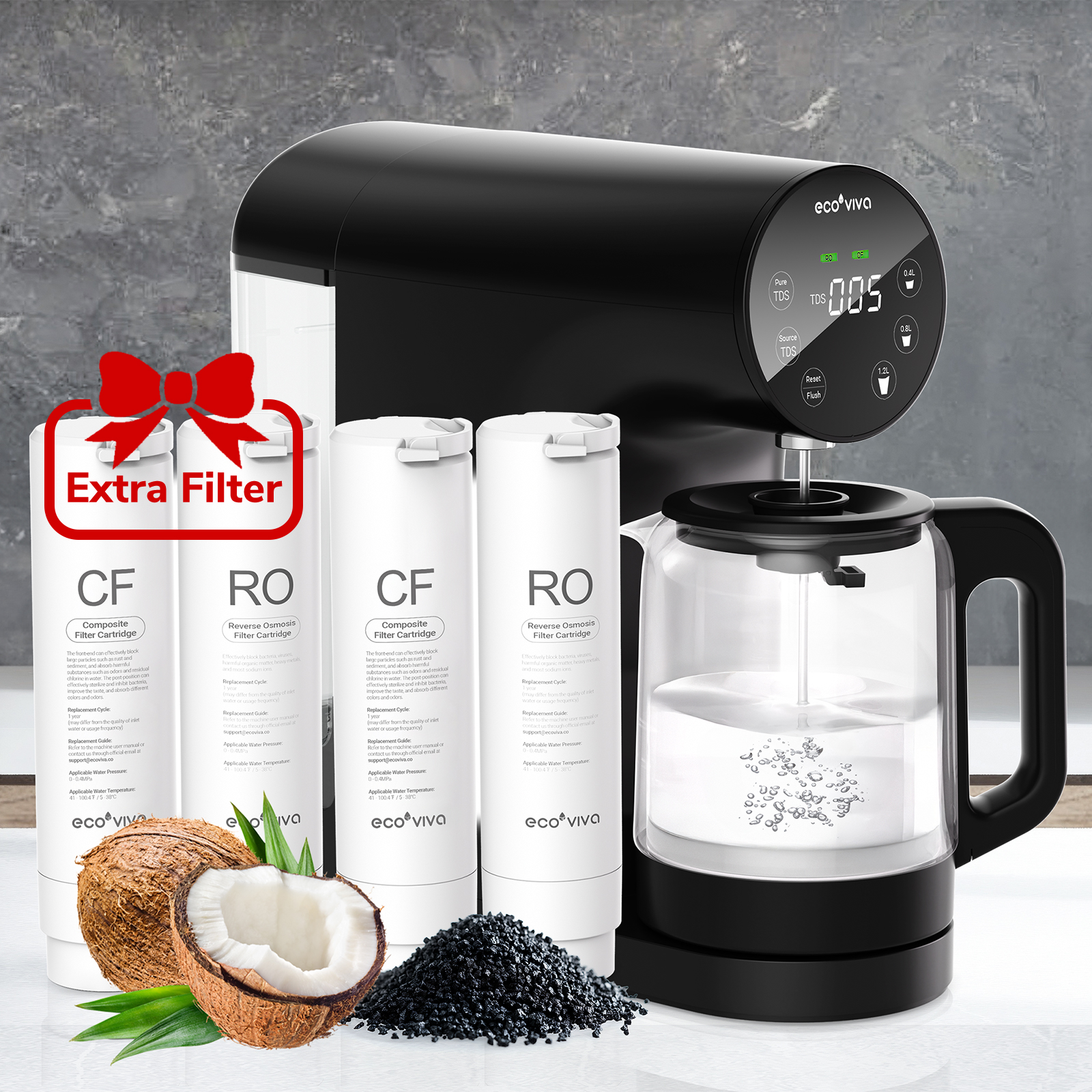 Ecoviva ER200 Countertop RO Water Filter with Extra RO & CF Filter, No Installation, Real-Time TDS Monitor, BPA-Free Glass Carafe, 3:1 Pure to Drain, NSF/ANSI 58 Certified, Black