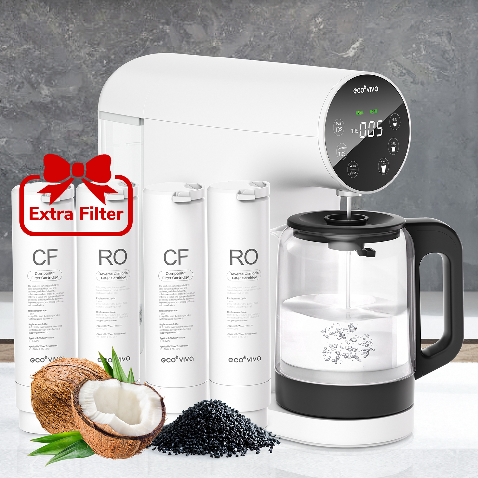 Ecoviva ER200 Countertop RO Water Filter with Extra RO & CF Filter, No Installation, Real-Time TDS Monitor, BPA-Free Glass Carafe, 3:1 Pure to Drain, NSF/ANSI 58 Certified, White