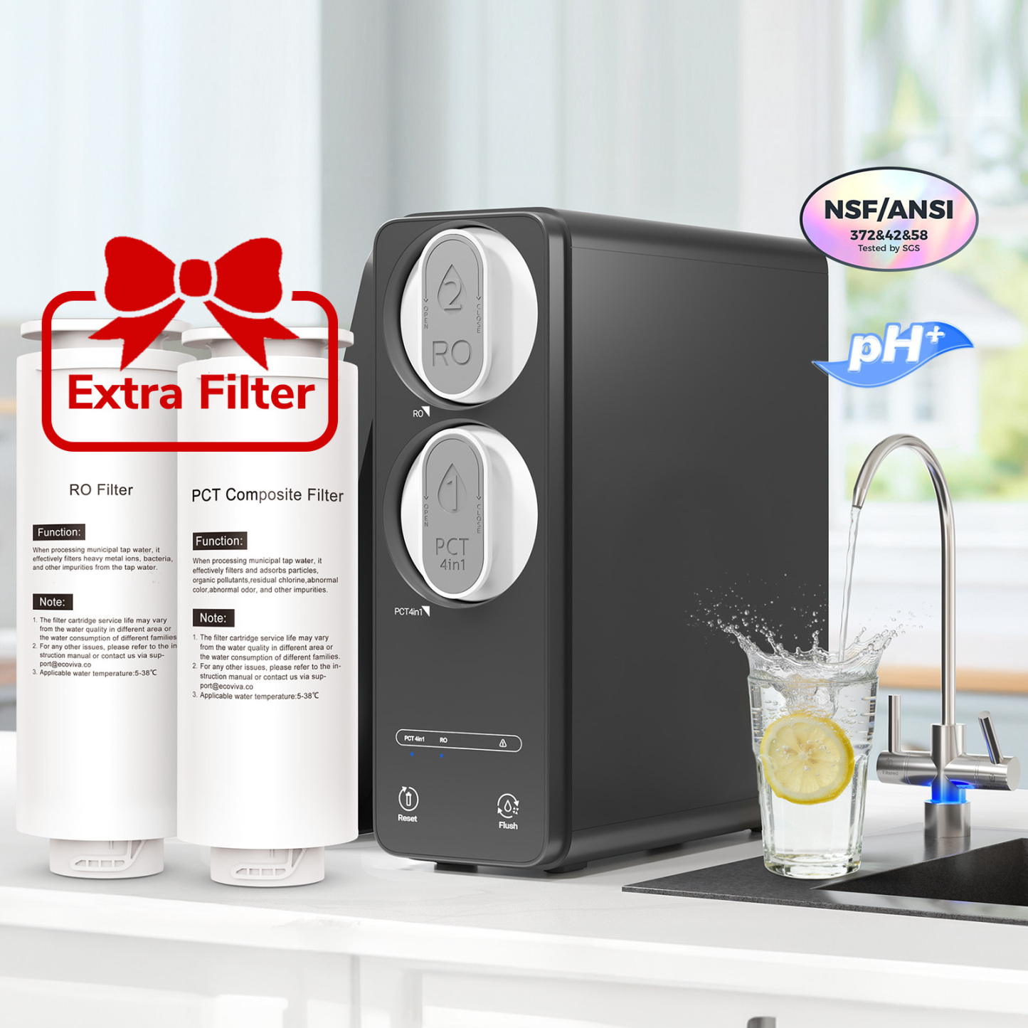 Ecoviva ER600 Tankless Reverse Osmosis System Efficient Water Purification with Extra RO & PCT Filter, Water Saving, Easy Maintenance, Balck