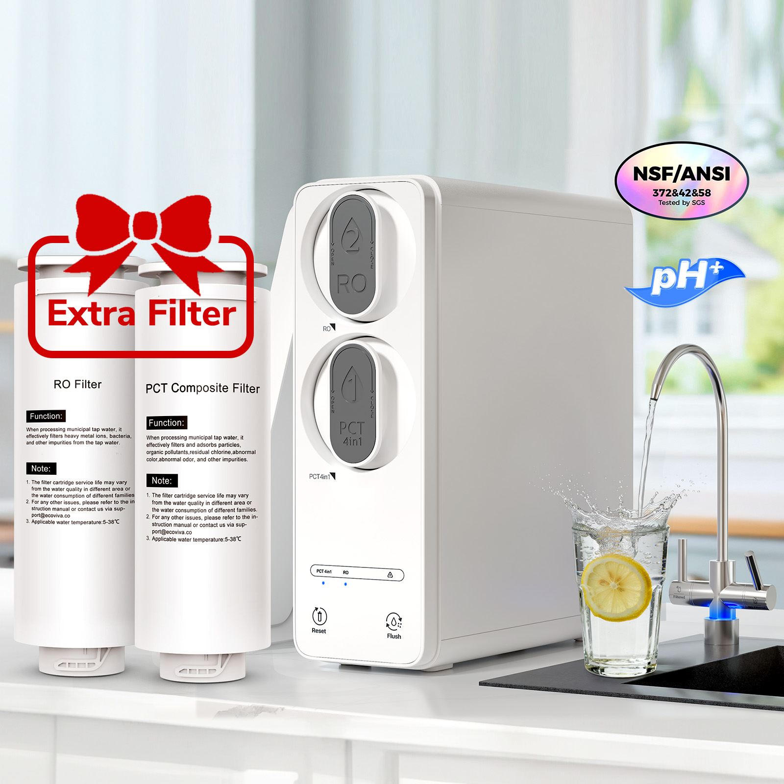 Ecoviva ER600 Tankless Reverse Osmosis System Efficient Water Purification with Extra RO & PCT Filter, Water Saving, Easy Maintenance, White