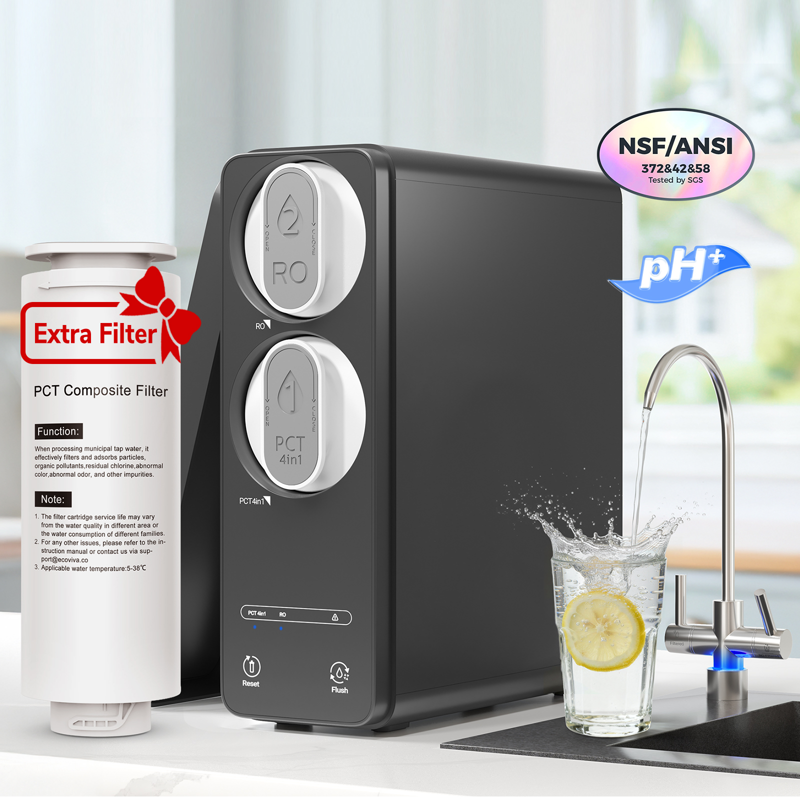 Ecoviva ER600 Tankless Reverse Osmosis System Efficient Water Purification with Extra PCT  Filter, Water Saving, Easy Maintenance, Balck