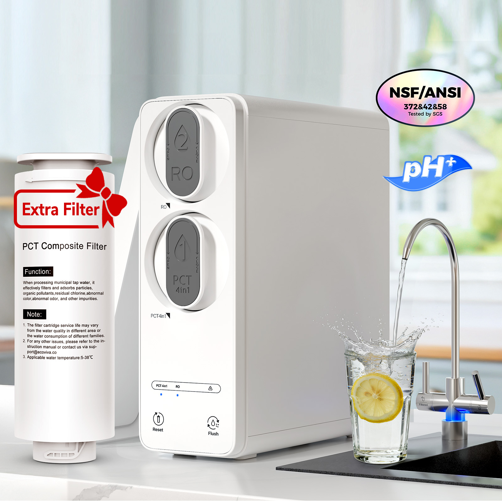 Ecoviva ER600 Tankless Reverse Osmosis System Efficient Water Purification with Extra PCT Filter, Water Saving, Easy Maintenance, White