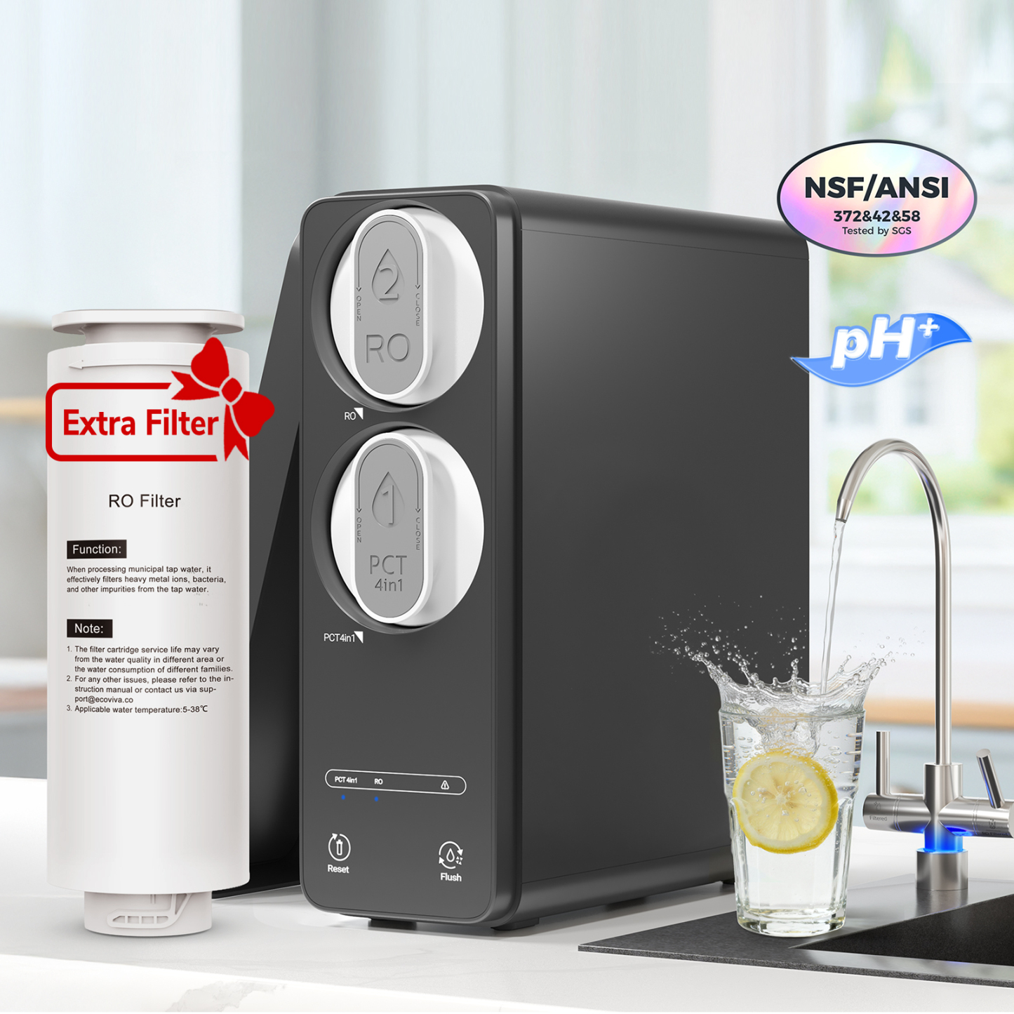 Ecoviva ER600 Tankless Reverse Osmosis System Efficient Water Purification with Extra RO Filter, Water Saving, Easy Maintenance, Balck