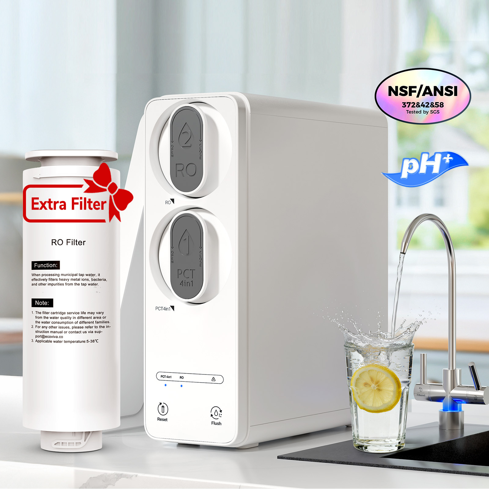 Ecoviva ER600 Tankless Reverse Osmosis System Efficient Water Purification with Extra RO Filter, Water Saving, Easy Maintenance, White