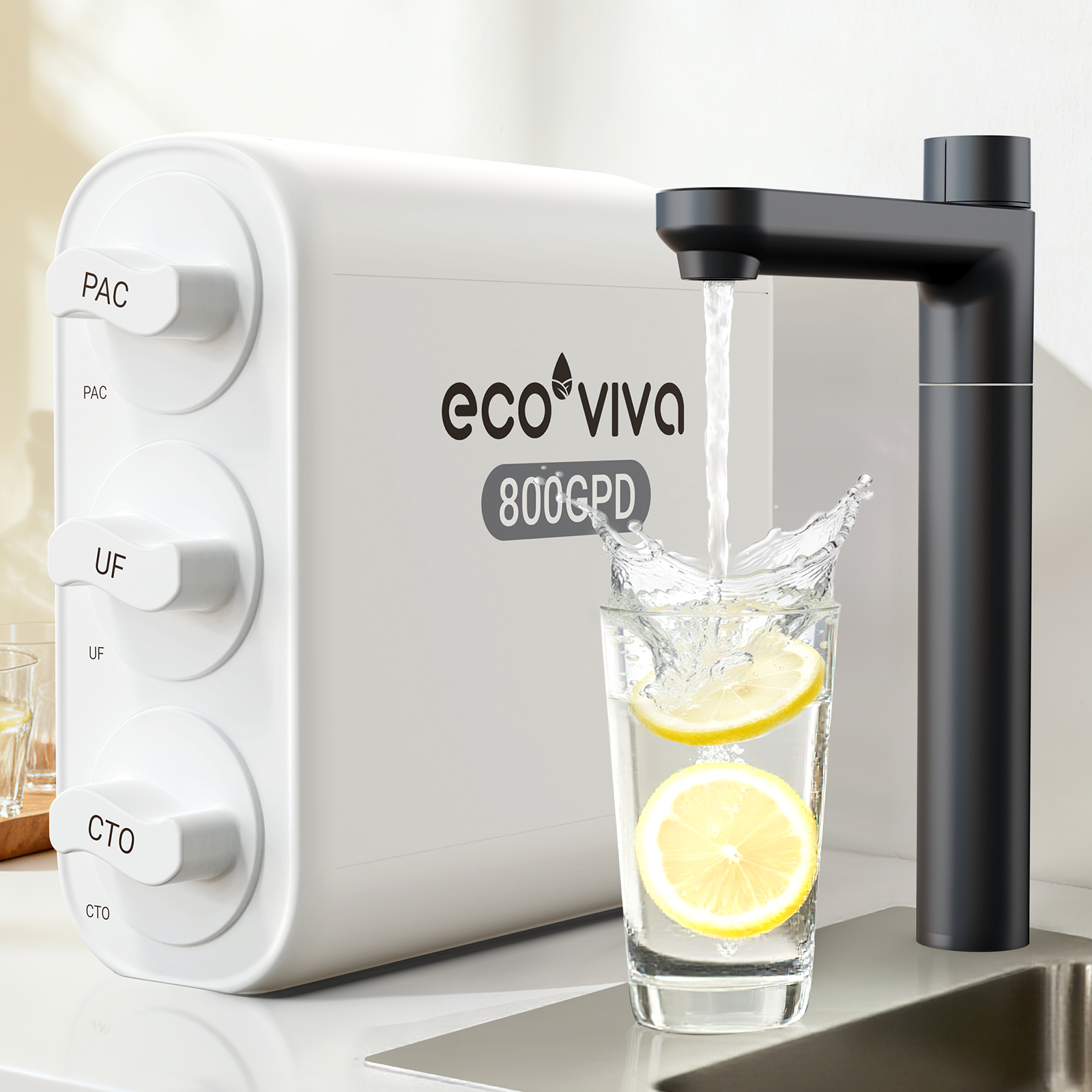Ecoviva EU800 0.01μm Under Sink Ultra-Filtration Water Filter No Electricity, Zero Wastewater, Mineral Retention, 4-Stage Tankless，White
