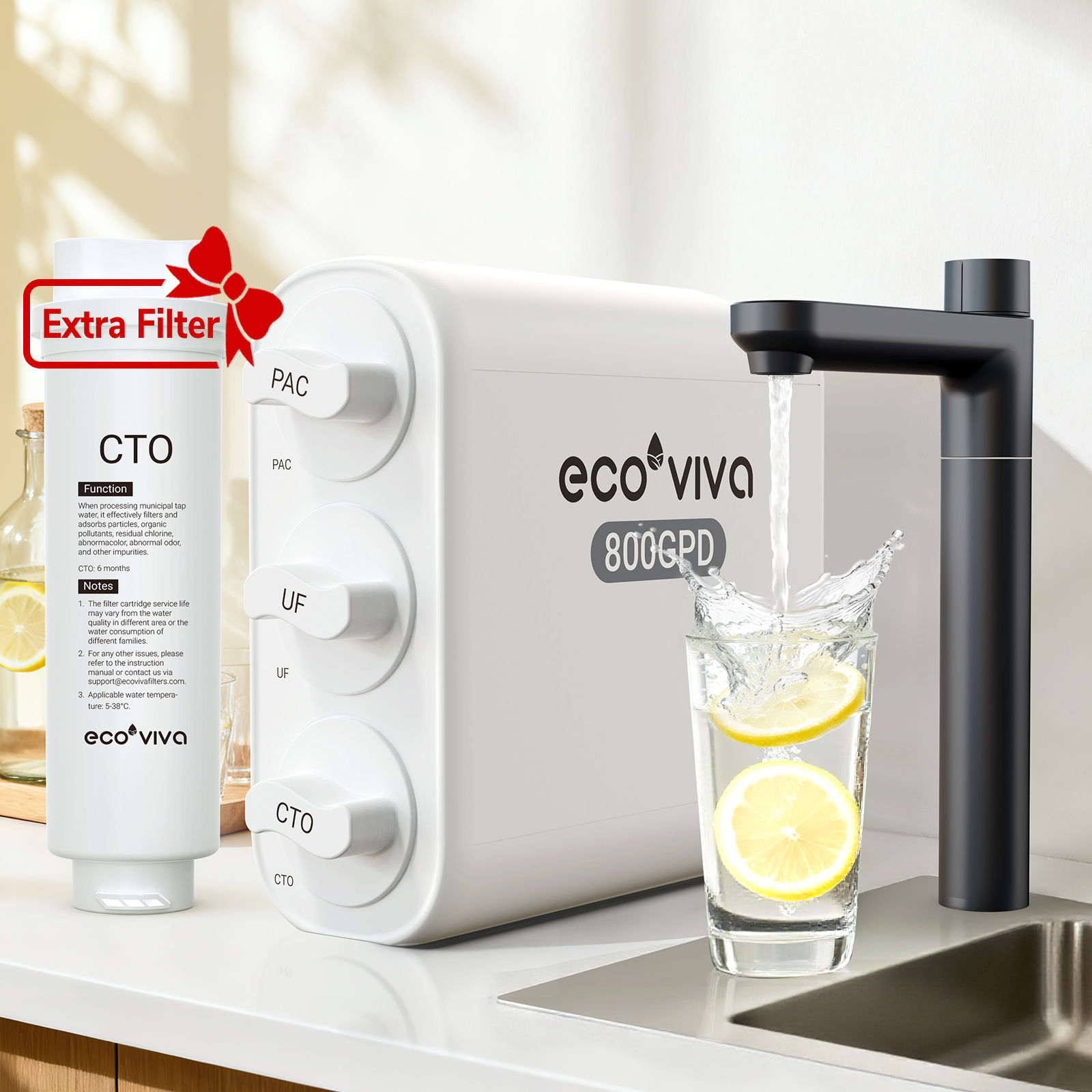 Ecoviva EU800 0.01μm Under Sink Ultra-Filtration Water Filter  with Extra CTO Filter, No Electricity, Zero Wastewater, Mineral Retention, 4-Stage Tankless, White