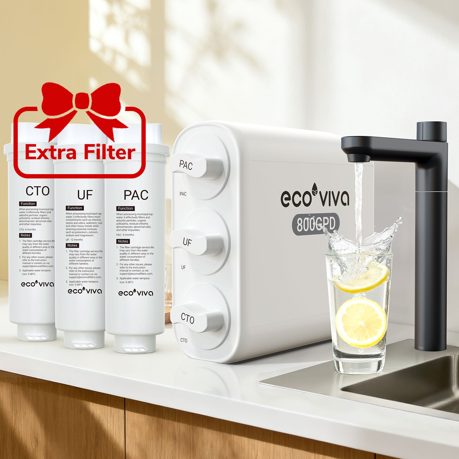 Ecoviva EU800 0.01μm Under Sink Ultra-Filtration Water Filter  with Extra UF & PAC & CTO Filter, No Electricity, Zero Wastewater, Mineral Retention, 4-Stage Tankless, White