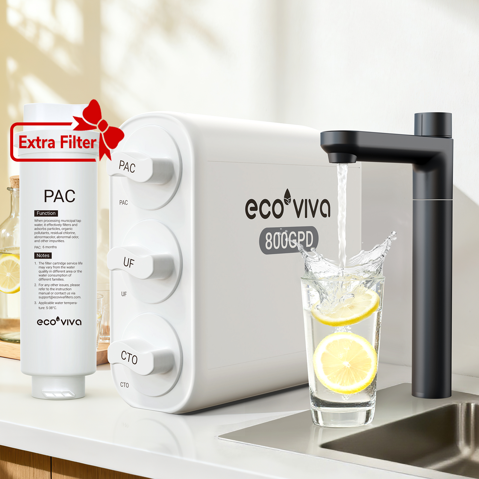 Ecoviva EU800 0.01μm Under Sink Ultra-Filtration Water Filter  with Extra PAC Filter, No Electricity, Zero Wastewater, Mineral Retention, 4-Stage Tankless, White