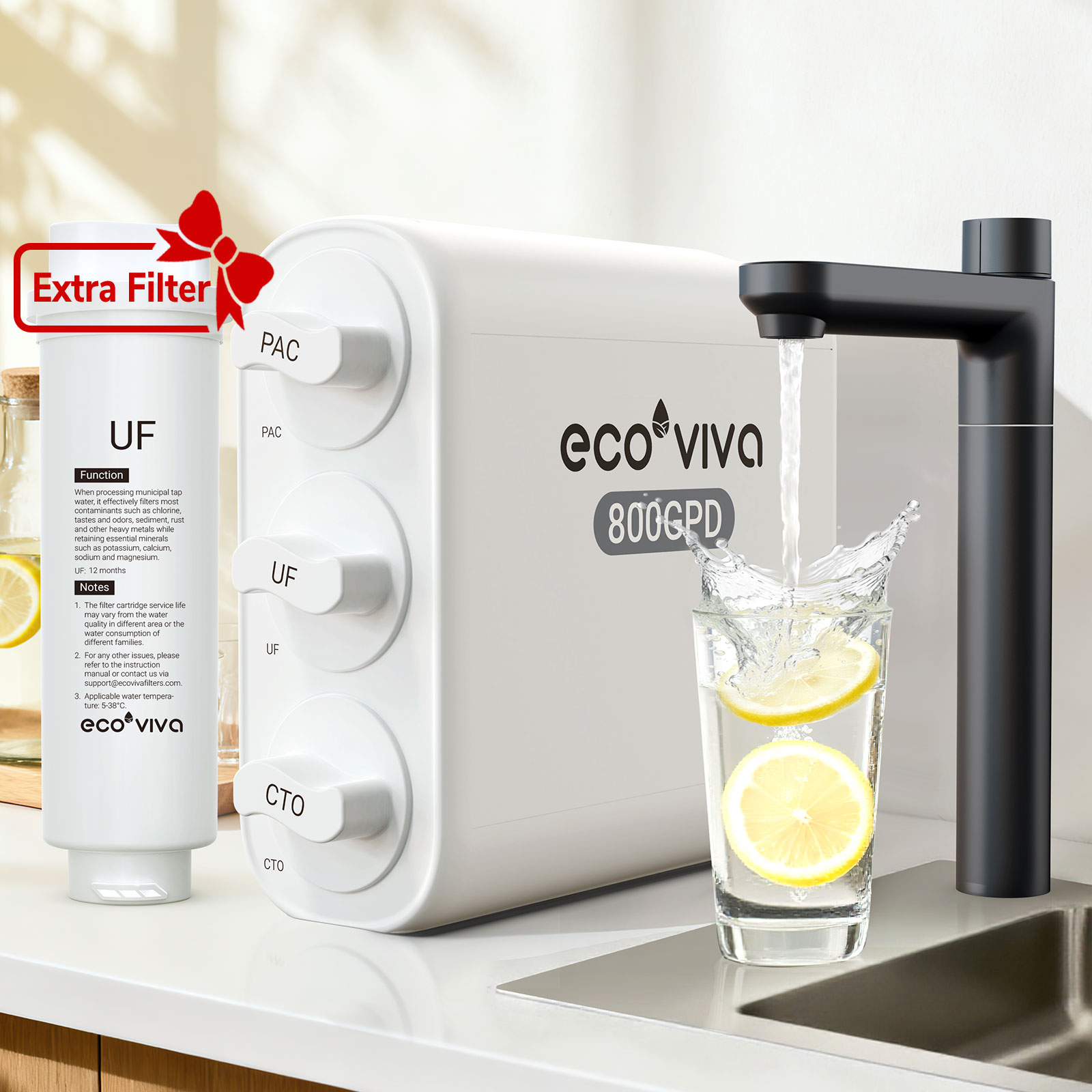 Ecoviva EU800 0.01μm Under Sink Ultra-Filtration Water Filter  with Extra UF Filter, No Electricity, Zero Wastewater, Mineral Retention, 4-Stage Tankless, White