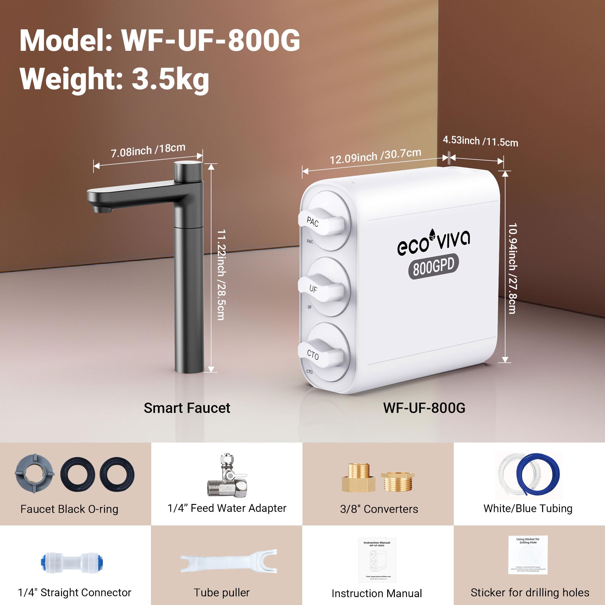 0.01μm Ultra-Filtration Under Sink Tankless Water Filter System 800G