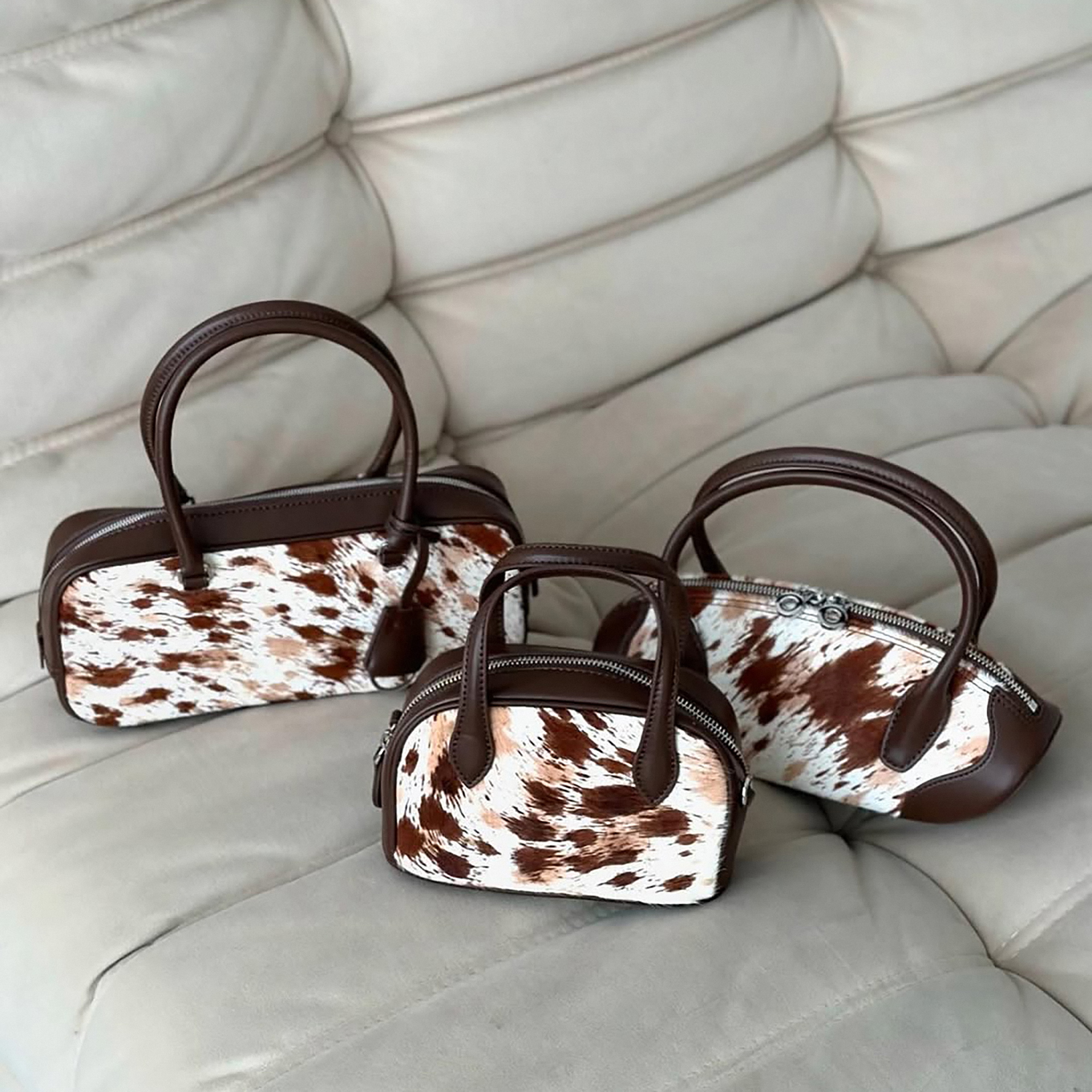 Small Leather Tote Bag, Pony Hair Leather Top Handle Bags, Women's Leather Shoulder Bag