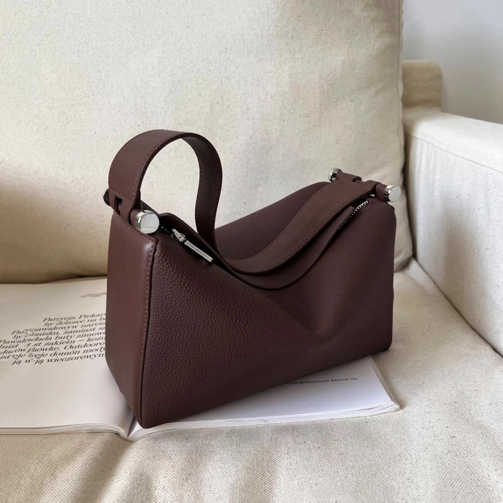 Full Grain Leather Tote Bag, Minimal Design Shoulder Bag, Leather Top Handle Bag