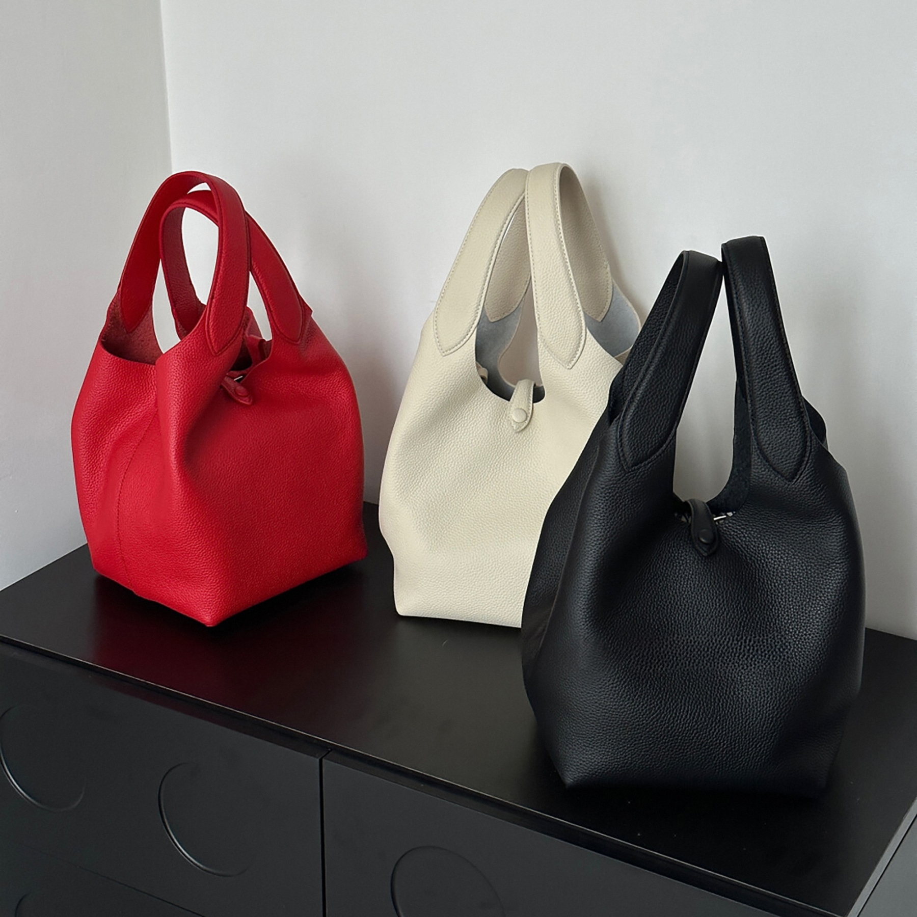 Minimal Leather Tote Bag, Women's Leather Bucket Bags, Leather Shoulder Bag