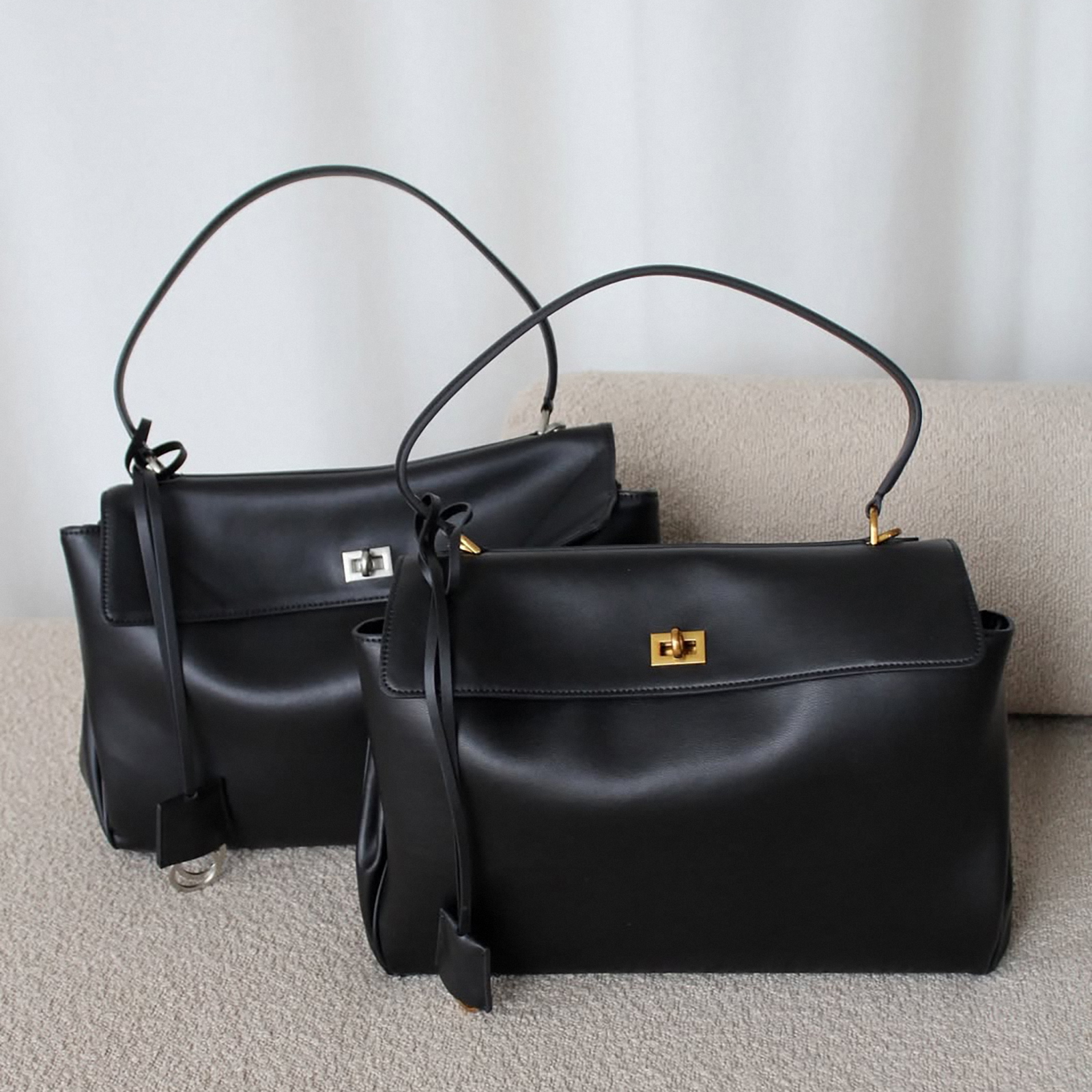 Black Top Handle Bag, Split Leather Shoulder Bags, Slouchy Style Handbags