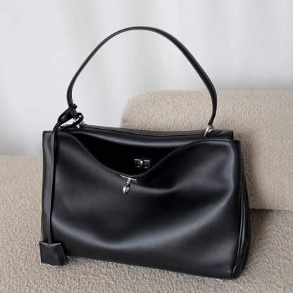 Black Top Handle Bag, Split Leather Shoulder Bags, Slouchy Style Handbags
