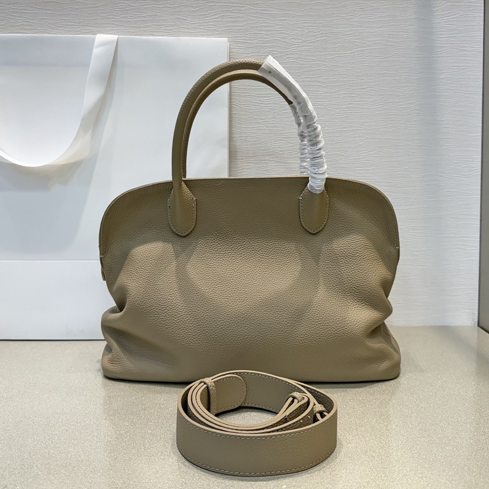 Pebbled Leather Top Handle Bag, Genuine Leather Shoulder Bags, Minimal Design Handbag