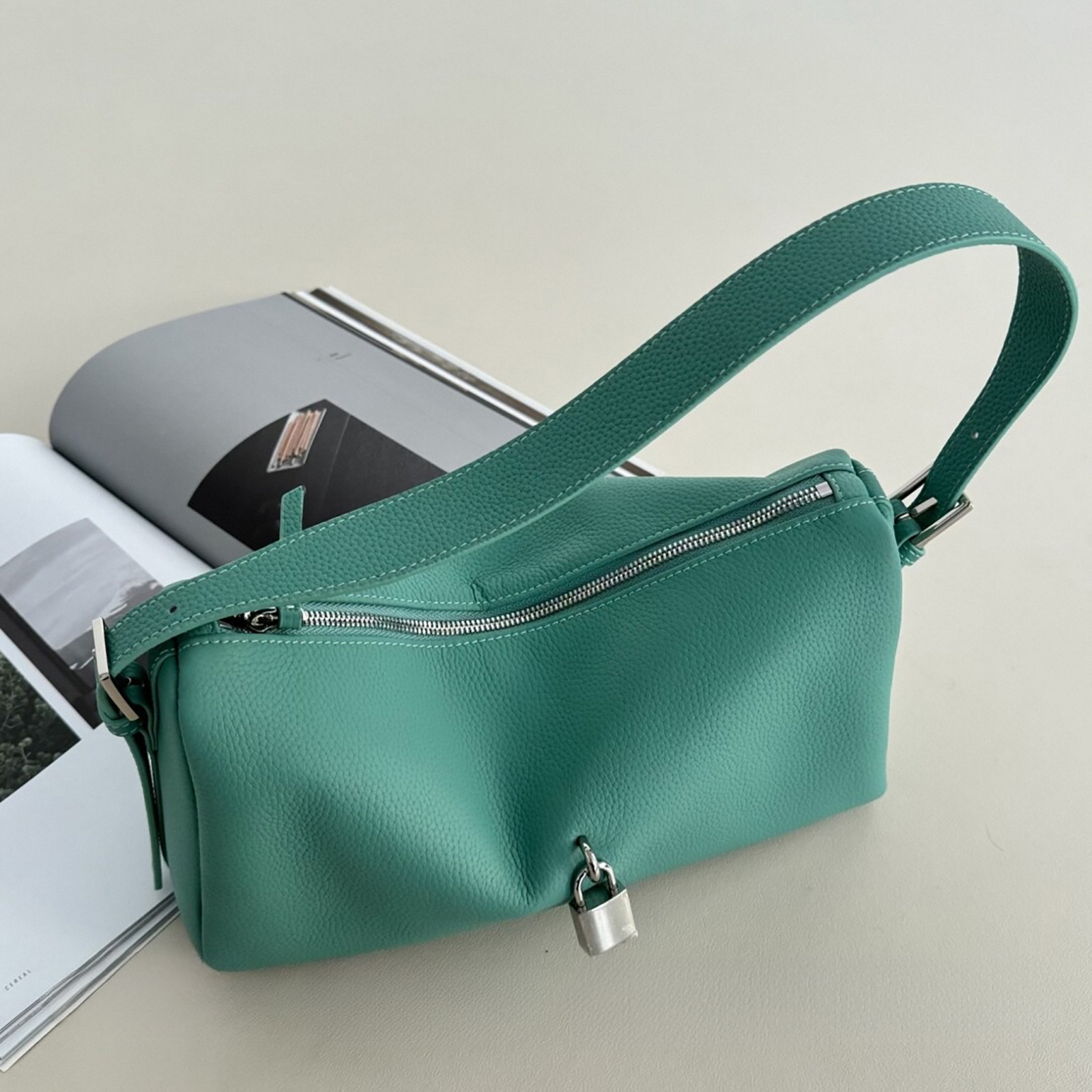 Leather Shoulder Bag, Leather Handbags with Lock Charm, Spring Summer Leather Tote Bag