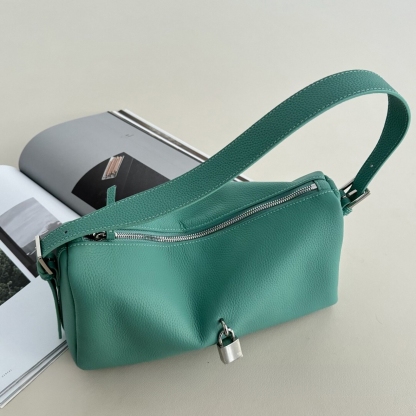 Leather Shoulder Bag, Leather Handbags with Lock Charm, Spring Summer Leather Tote Bag