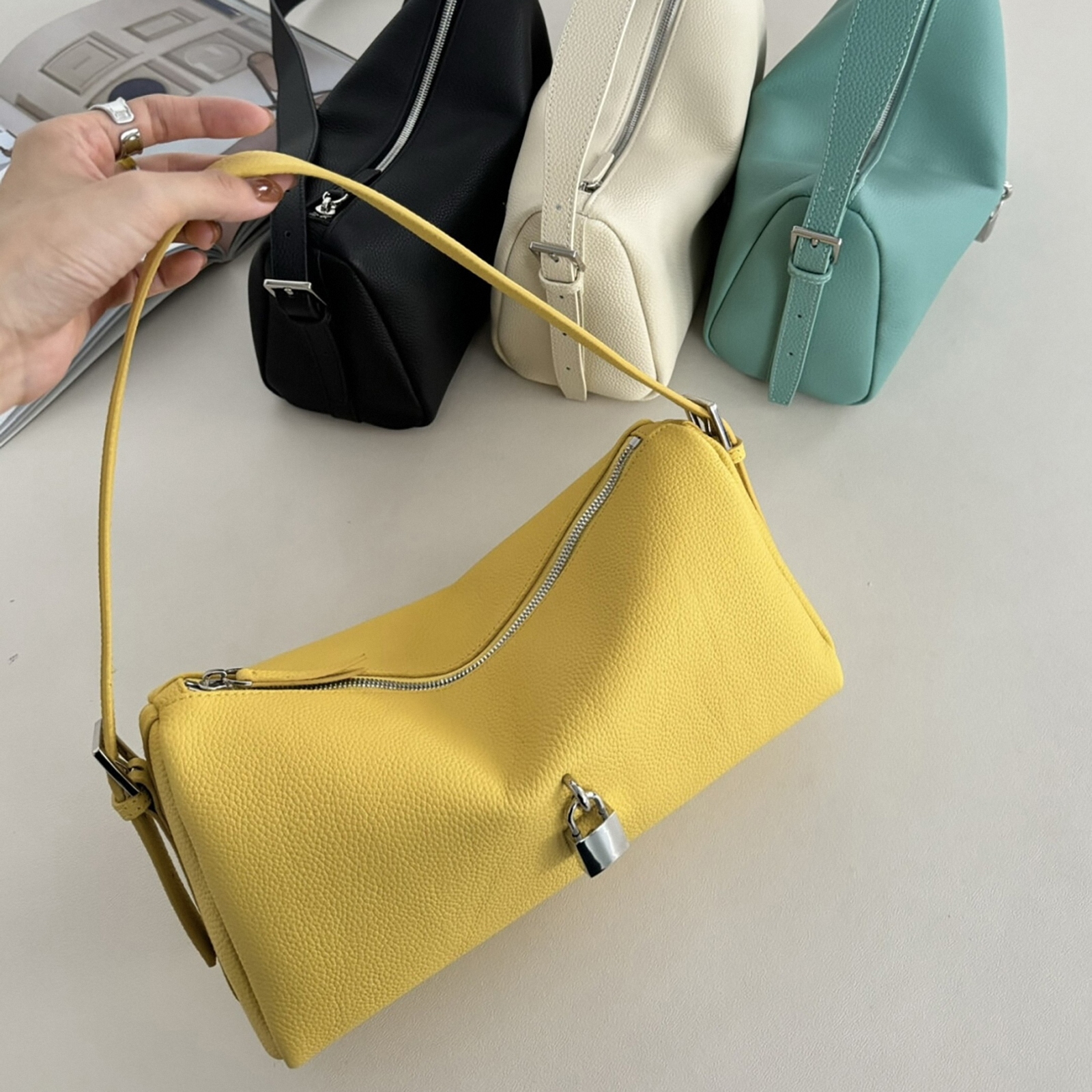 Leather Shoulder Bag, Leather Handbags with Lock Charm, Spring Summer Leather Tote Bag